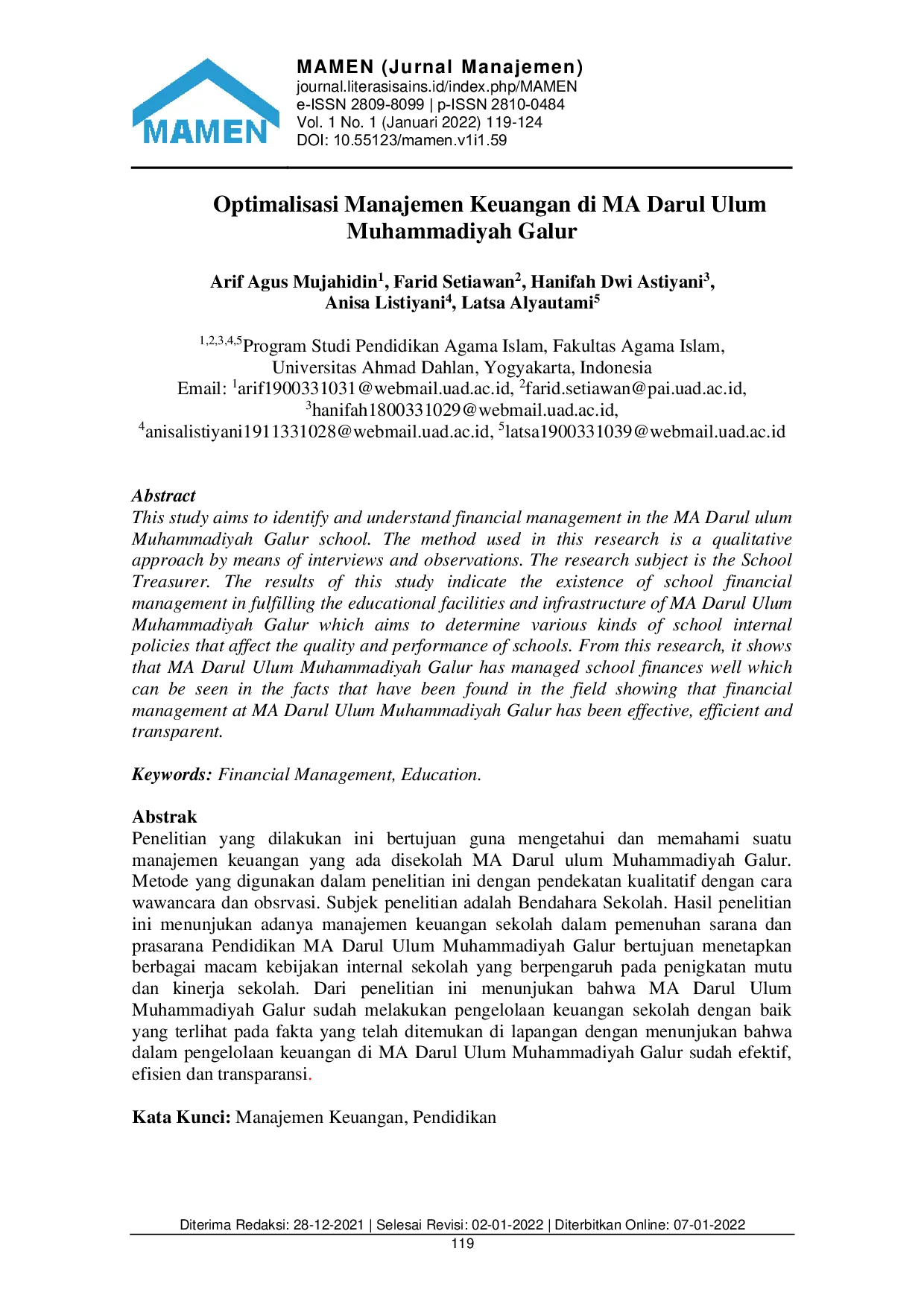 JURIS Optimalisasi Manajemen Keuangan di MA Darul Ulum Muhammadiyah Galur