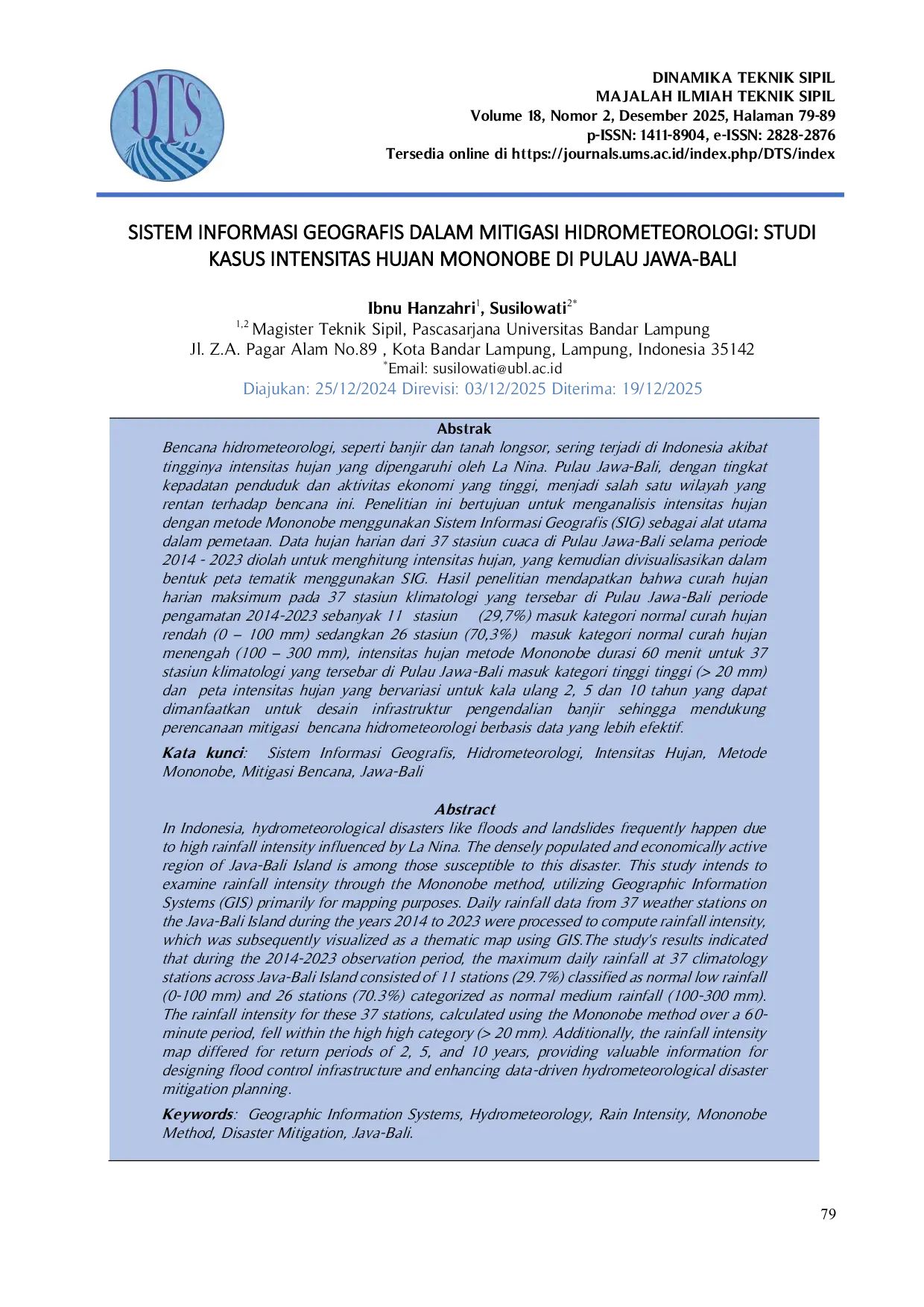 JURIS Sistem Informasi Geografis dalam Mitigasi Hidrometeorologi Studi Kasus Intensitas Hujan Mononobe di Pulau Jawa Bali