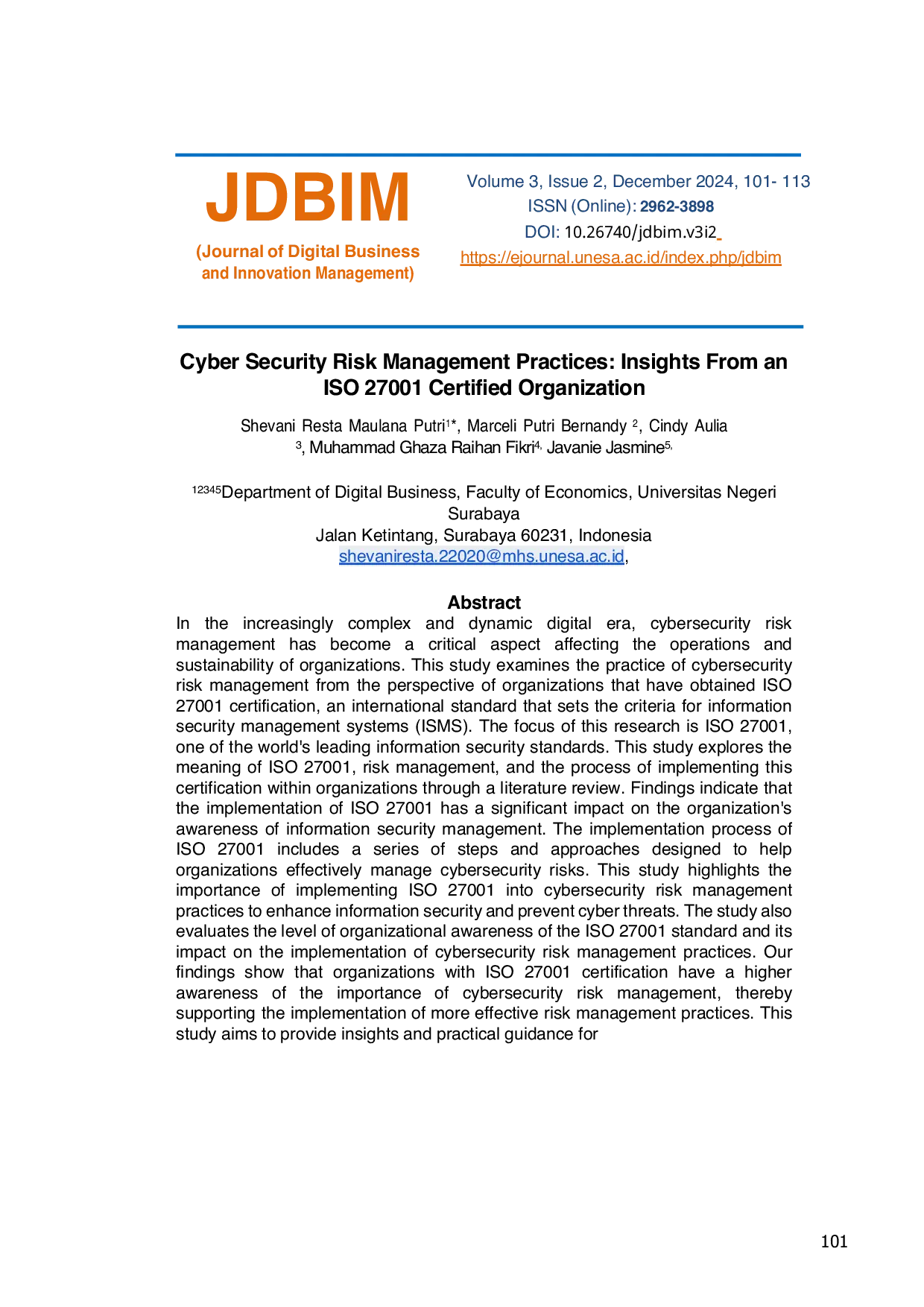 JURIS Cyber Security Risk Management Practices Insights From an ISO 27001 Certified Organization