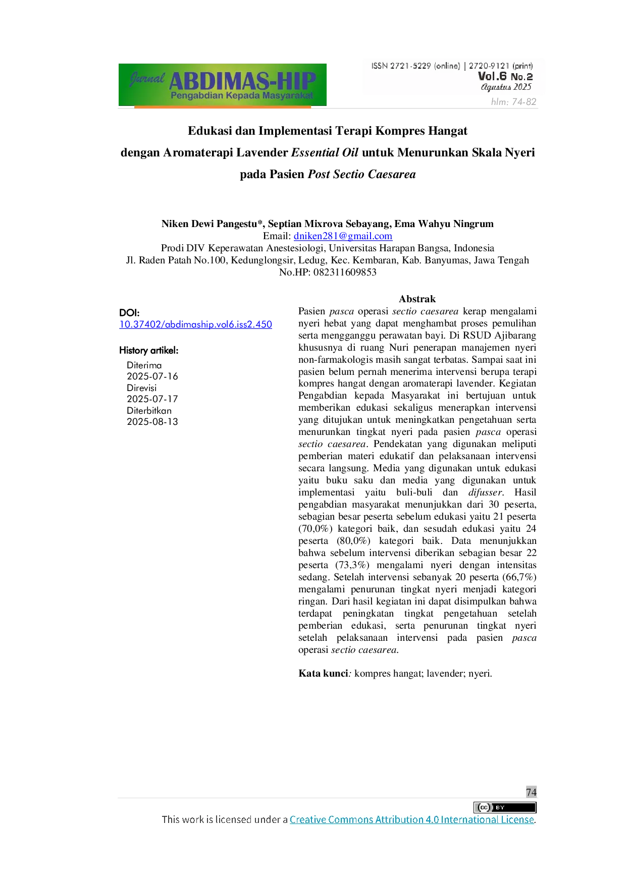 JURIS Edukasi dan Implementasi Terapi Kompres Hangat dengan Aromaterapi Lavender Essential Oil untuk Menurunkan Skala Nyeri pada Pasien Post Sectio Caesarea