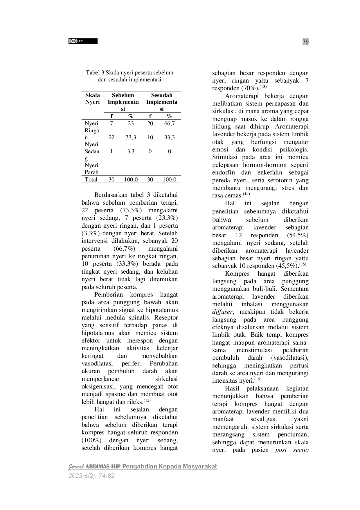 JURIS Edukasi dan Implementasi Terapi Kompres Hangat dengan Aromaterapi Lavender Essential Oil untuk Menurunkan Skala Nyeri pada Pasien Post Sectio Caesarea