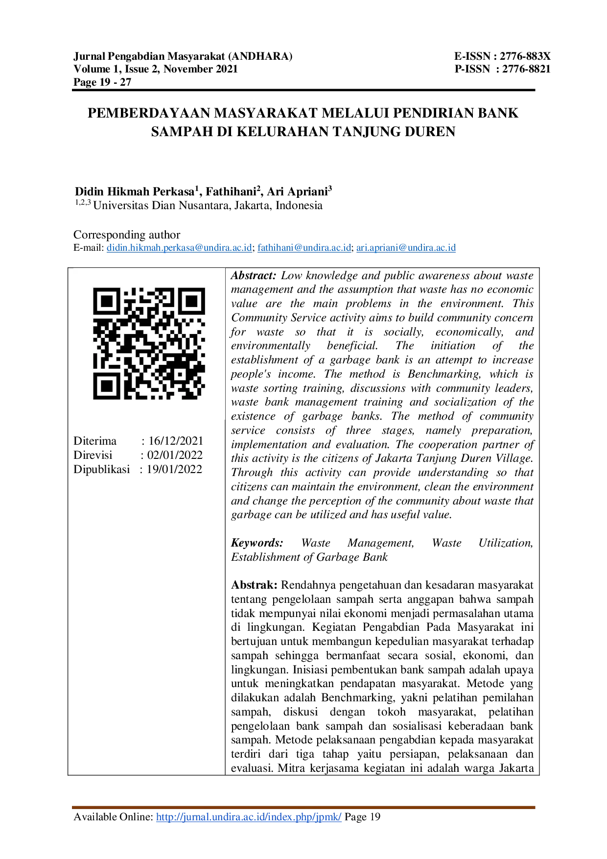 JURIS Pemberdayaan Masyarakat Melalui Pendirian Bank Sampah di Kelurahan Tanjung Duren