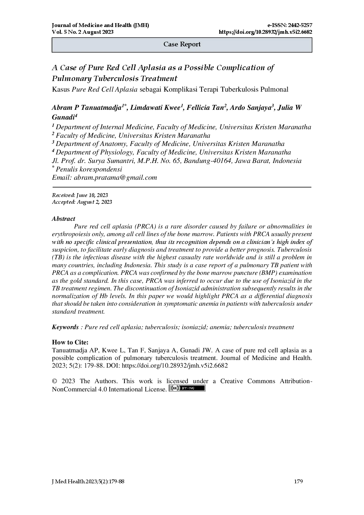 juris A Case of Pure Red Cell Aplasia as a Possible Complication of Pulmonary Tuberculosis Treatment