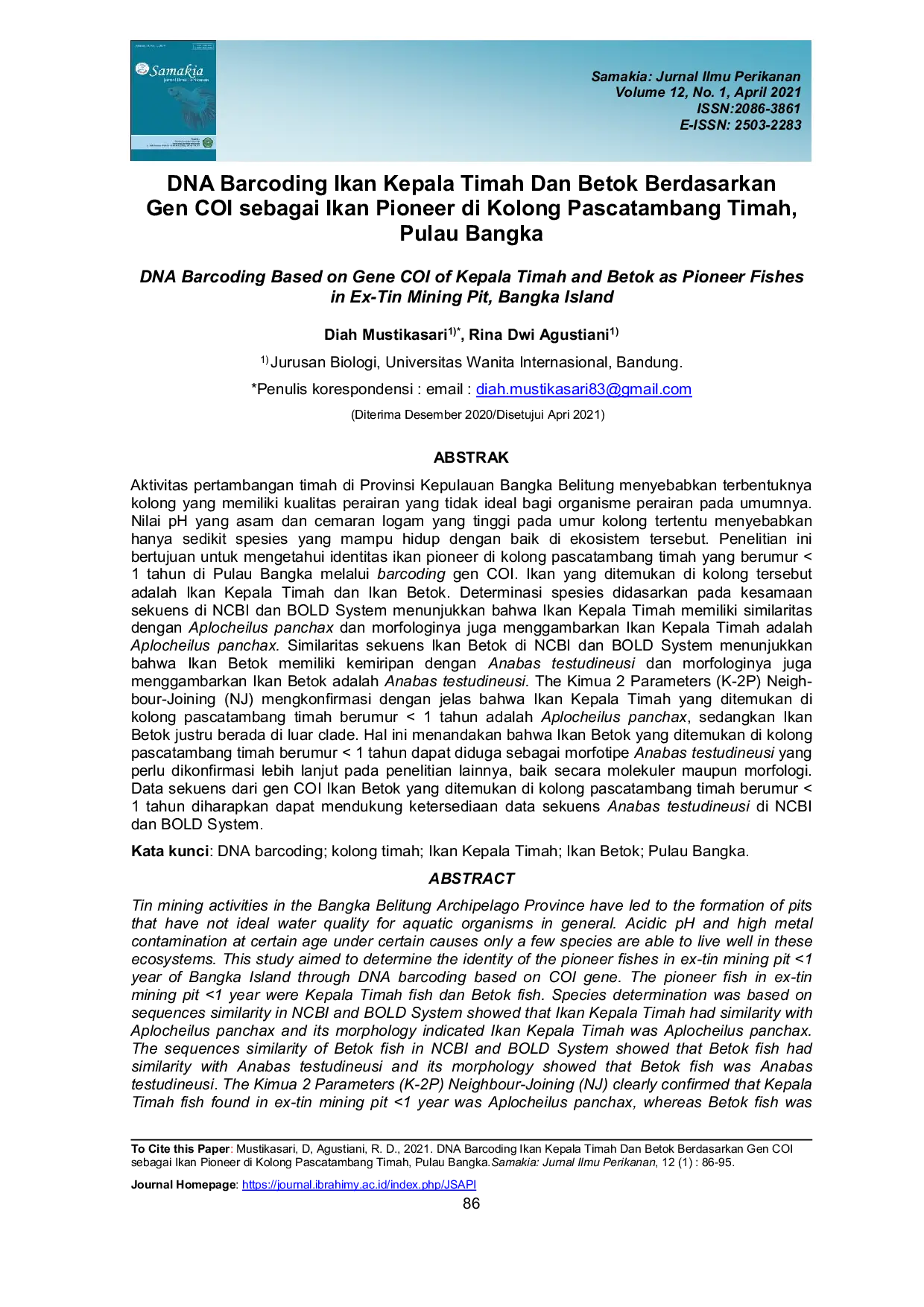 JURIS DNA Barcoding Ikan Kepala Timah Dan Betok Berdasarkan Gen COI sebagai Ikan Pioneer di Kolong Pascatambang Timah Pulau Bangka