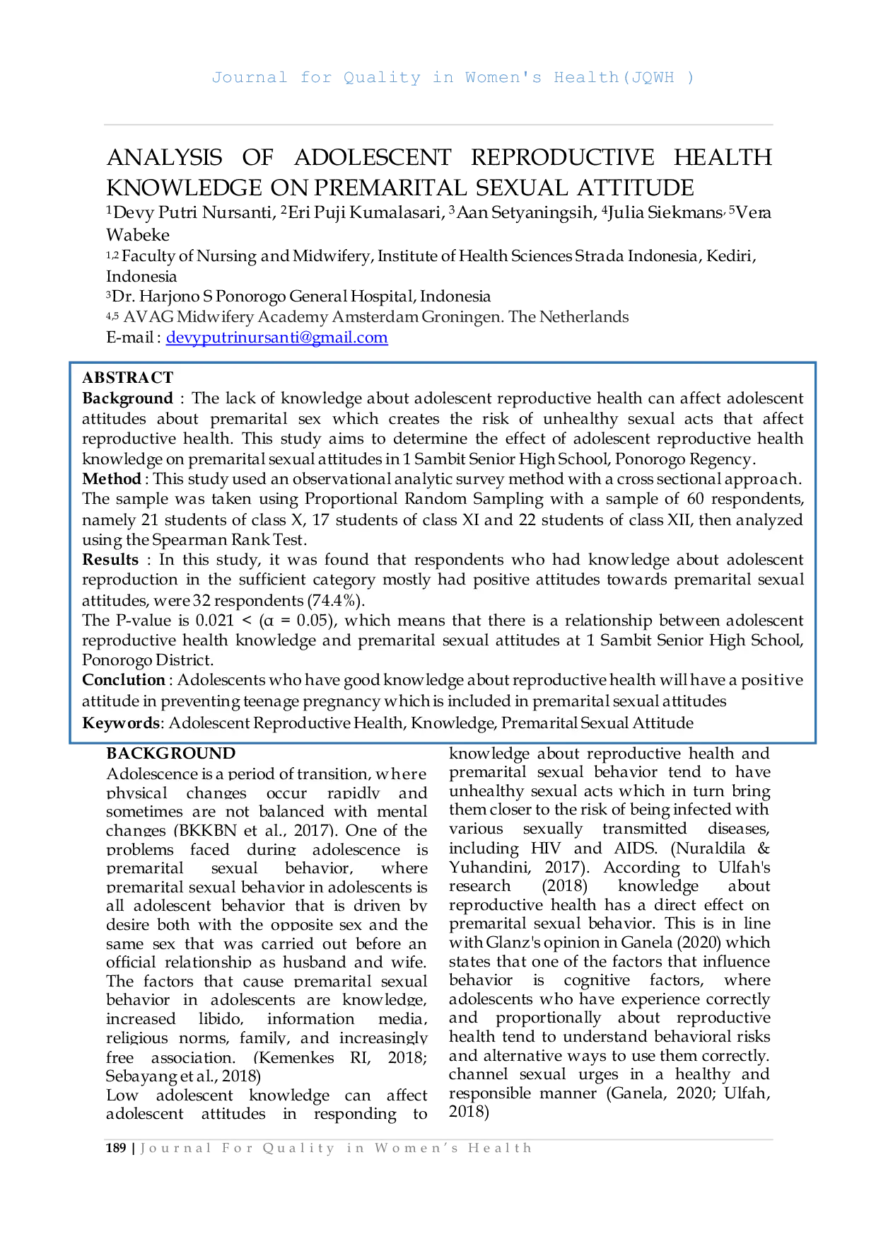 JURIS Analysis Of Adolescent Reproductive Health Knowledge On Premarital Sexual Attitude