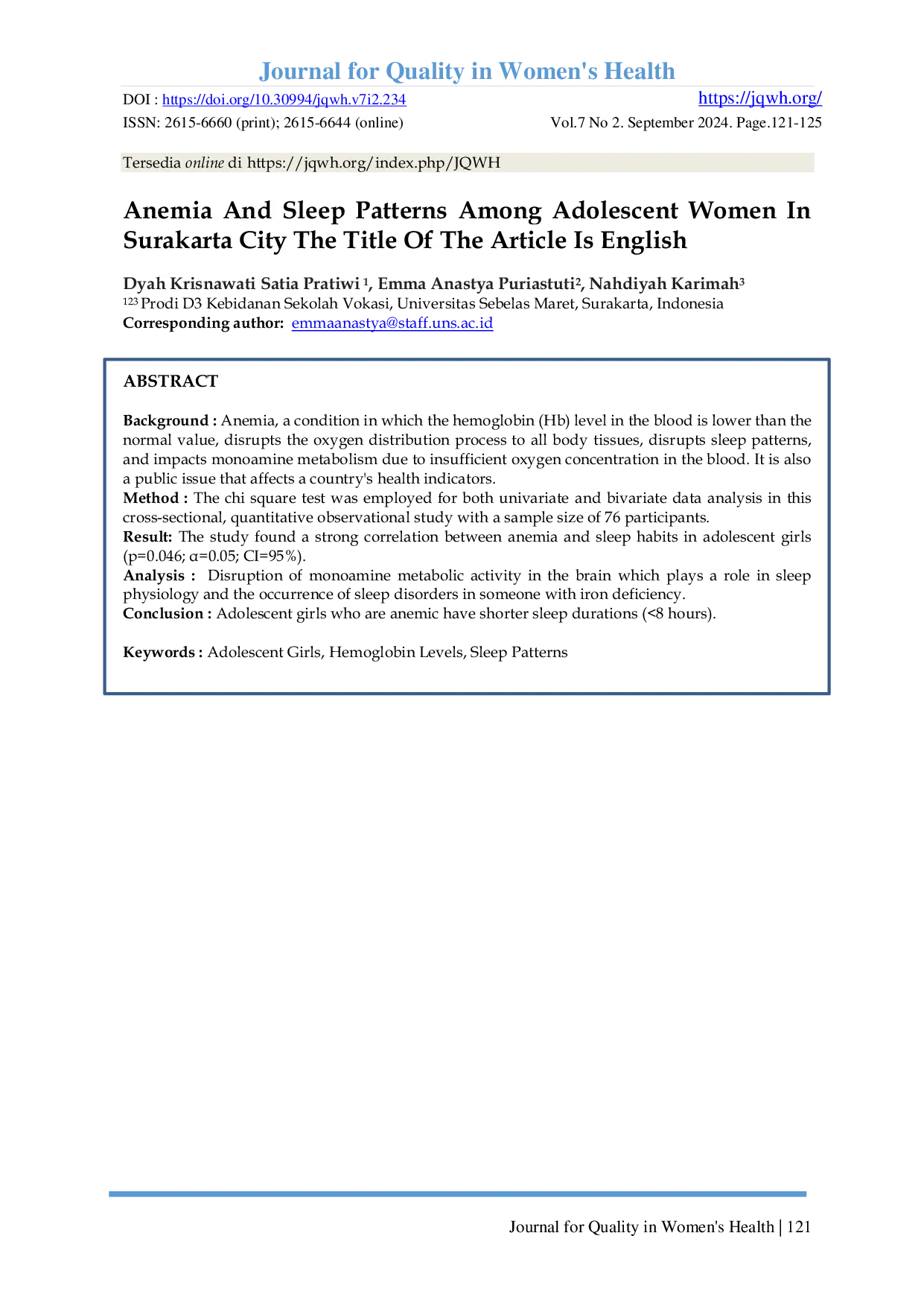 JURIS Anemia And Sleep Patterns Among Adolescent Women In Surakarta City The Title Of The Article Is English