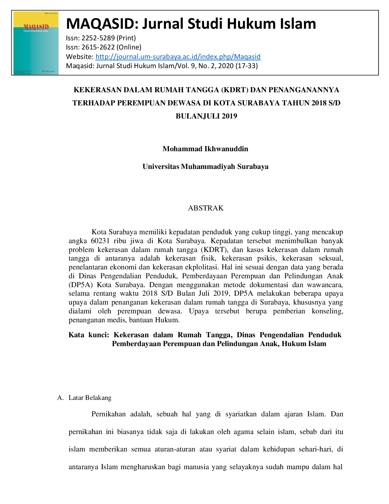 JURIS Kekerasan Dalam Rumah Tangga KDRT Dan Penangananya Terhadap Perempuan Dewasa Di Kota Surabaya Tahun 2018 S D Bulan Juli 2019