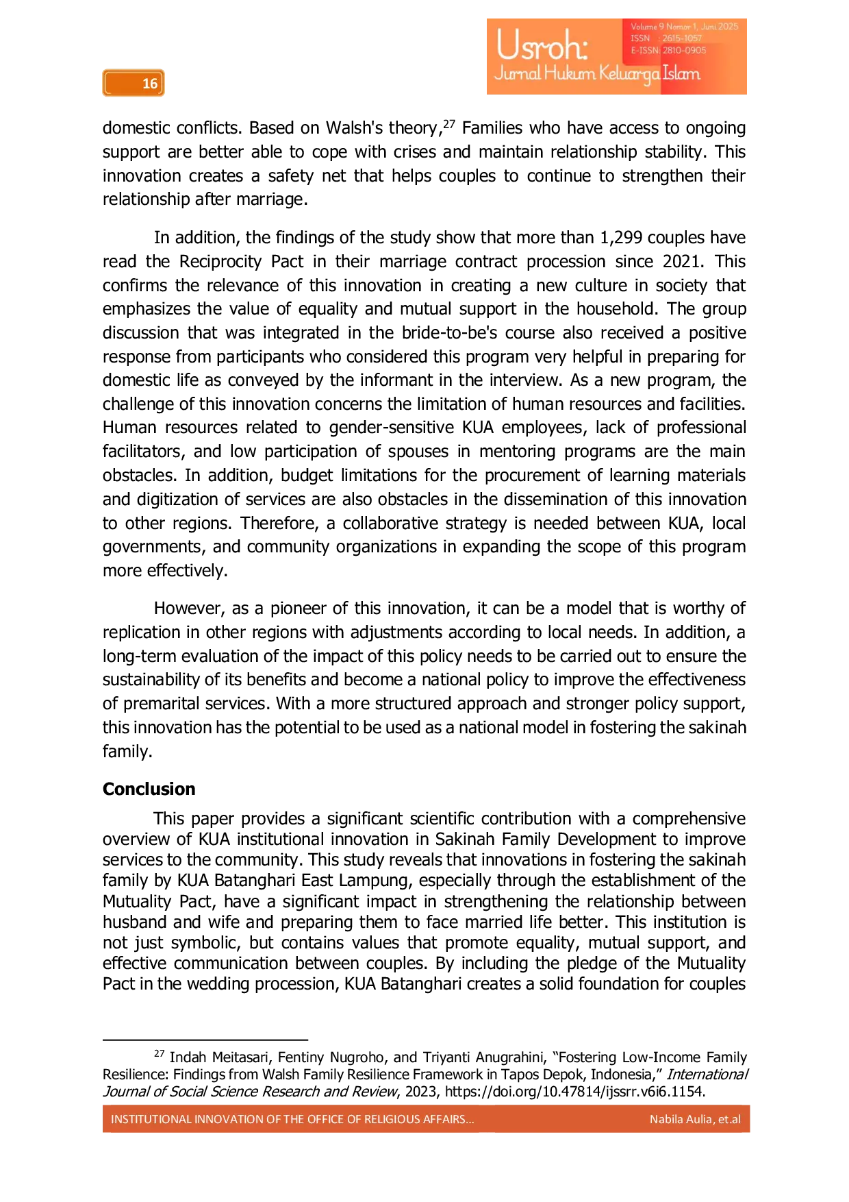 JURIS INSTITUTIONAL INNOVATION OF THE OFFICE OF RELIGIOUS AFFAIRS OF BATANGHARI EAST LAMPUNG IN FOSTERING THE SAKINAH FAMILY