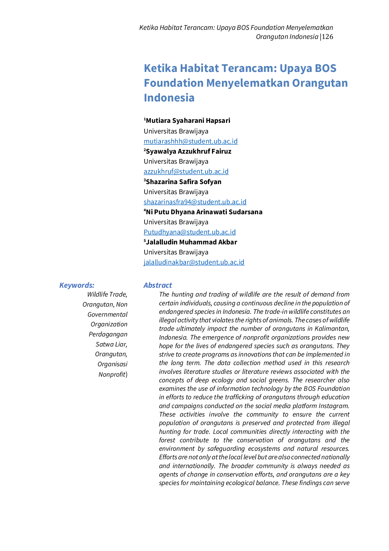 JURIS Peran Organisasi Nirlaba BOS Foundation dalam Upaya Penekanan Angka Perdagangan Orangutan di Indonesia