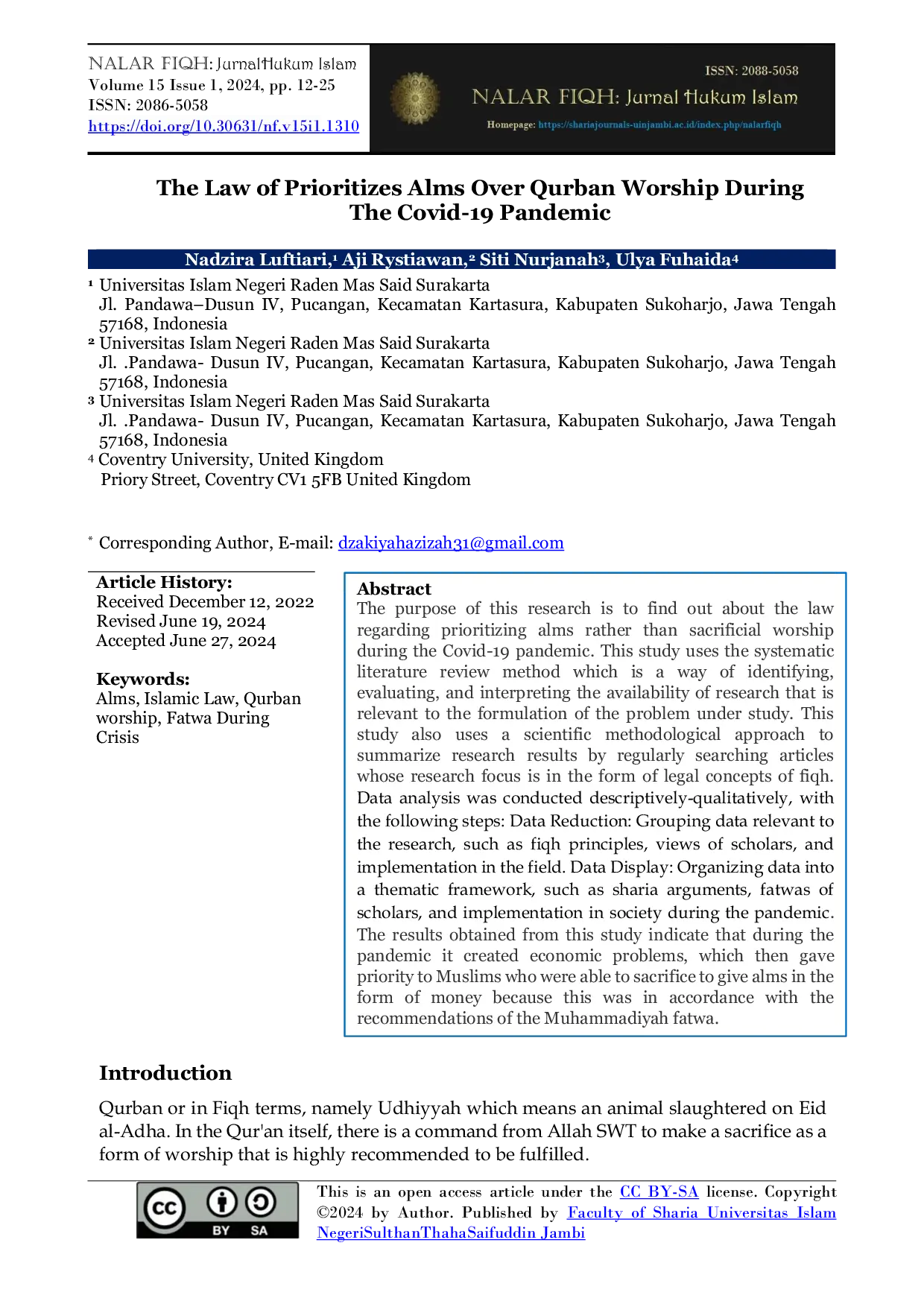 JURIS The Law of Prioritizes Alms Over Qurban Worship During the Covid 19 Pandemic