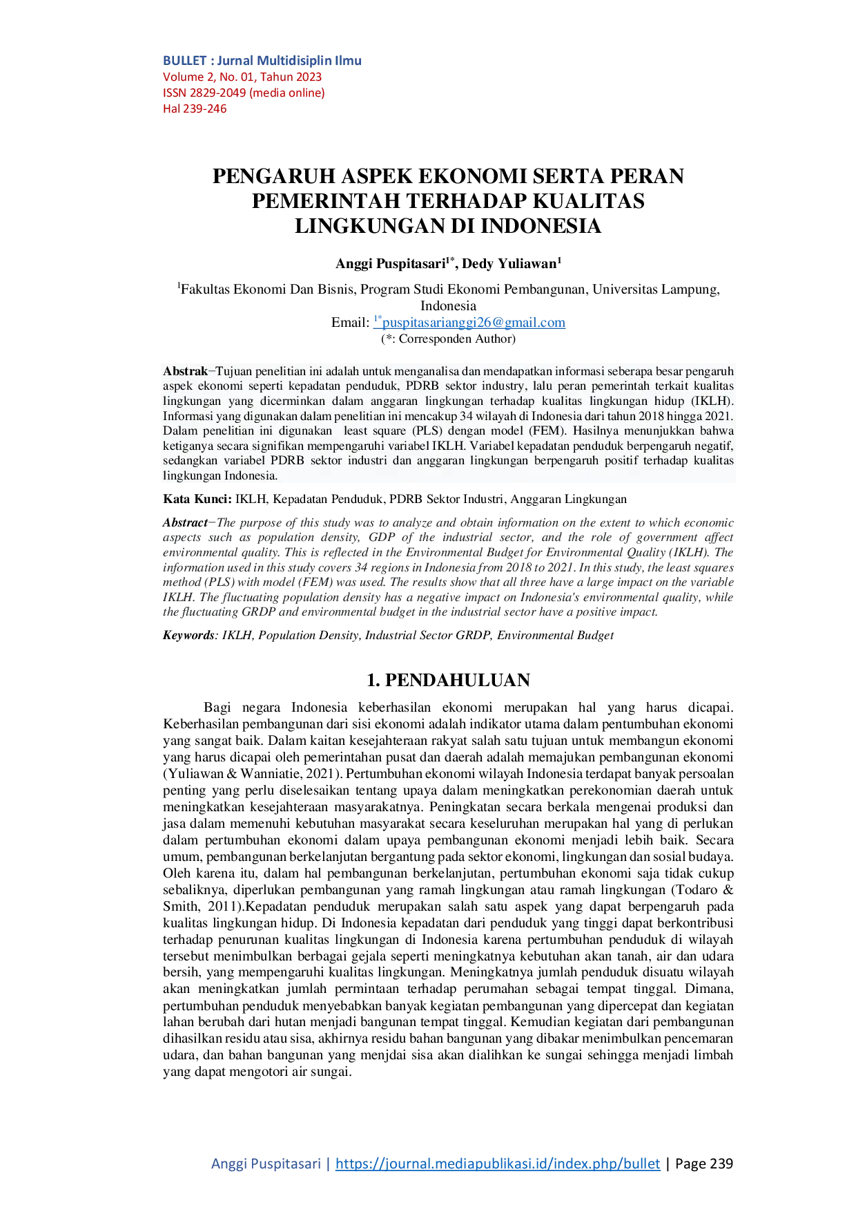 JURIS Pengaruh Aspek Ekonomi Serta Peran Pemerintah Terhadap Kualitas Lingkungan di Indonesia