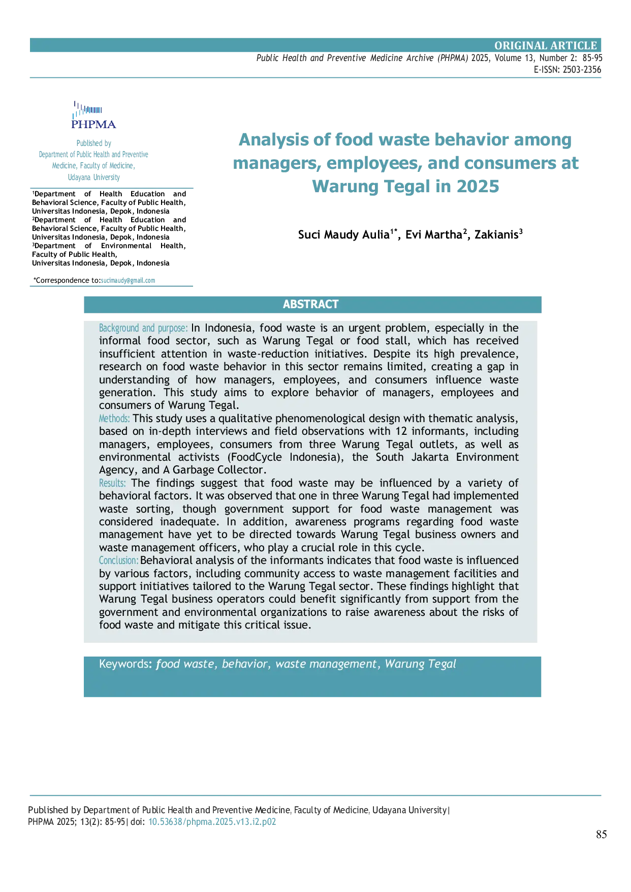 JURIS Analysis of food waste behavior among managers employees and consumers at Warung Tegal in 2025