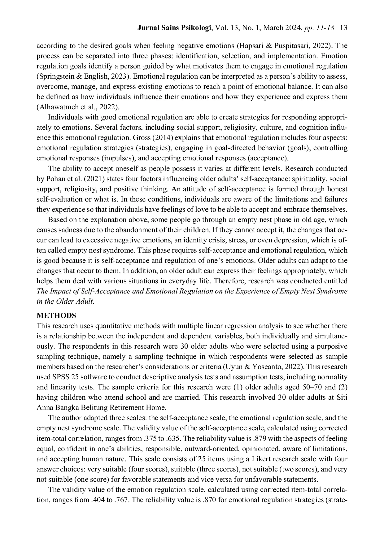 JURIS The Impact of Self Acceptance and Emotional Regulation on the Experience of Empty Nest Syndrome in the Older Adult