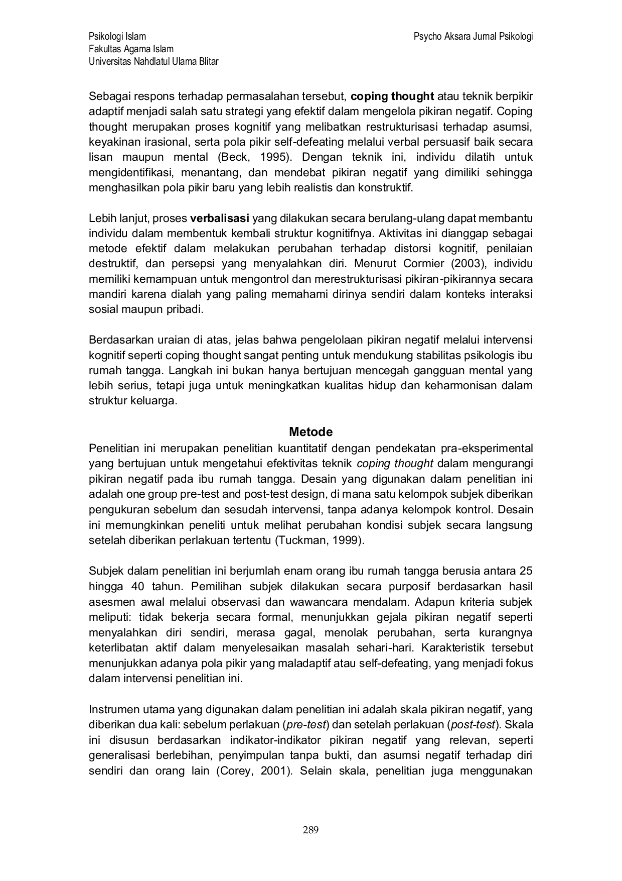 JURIS Pengelolaan Negative Thinking Melalui Teknik Coping Thought Pada Ibu Rumah Tangga yang Tidak Bekerja Di Desa Darungan Kabupaten Blitar