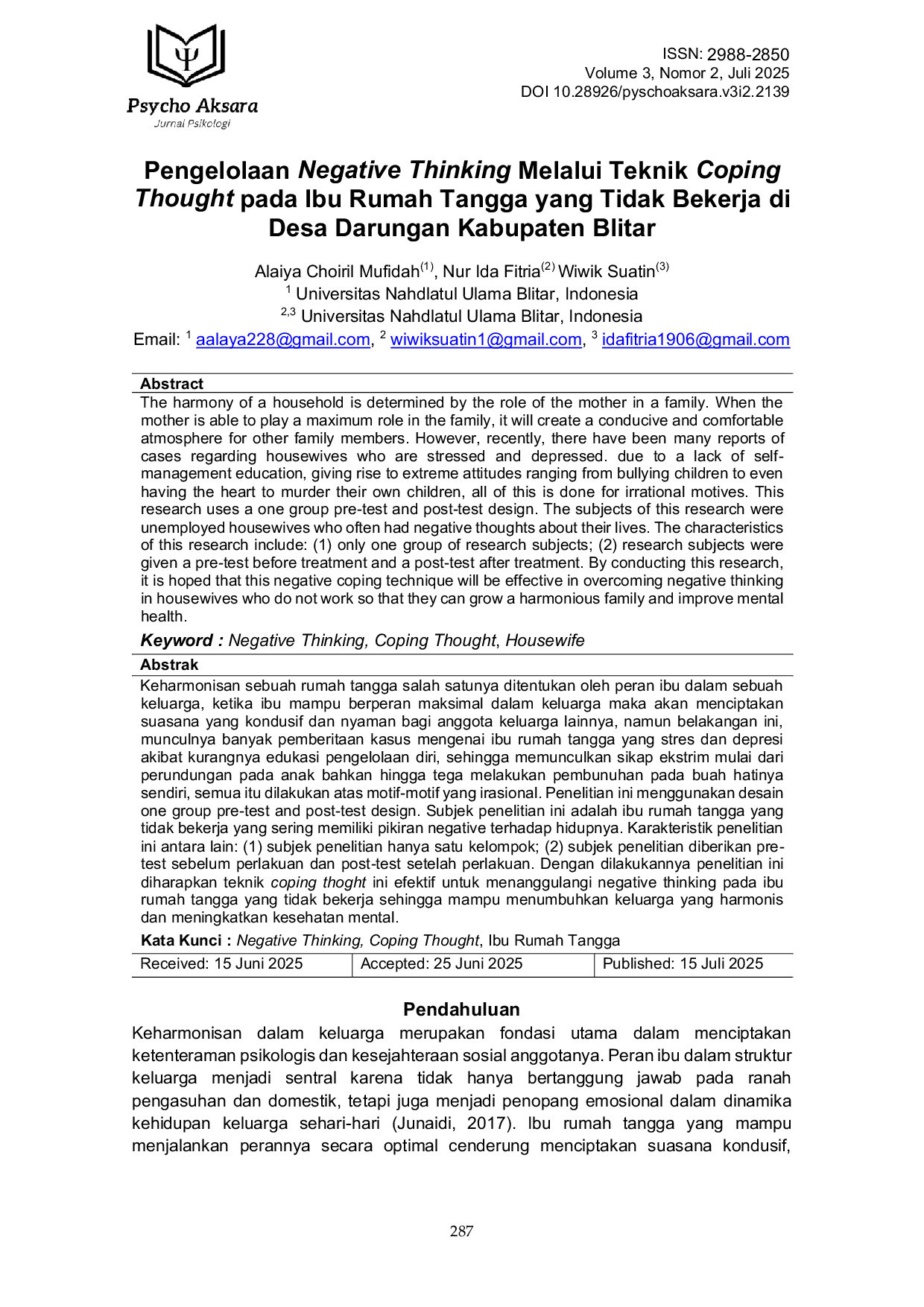 JURIS Pengelolaan Negative Thinking Melalui Teknik Coping Thought Pada Ibu Rumah Tangga yang Tidak Bekerja Di Desa Darungan Kabupaten Blitar