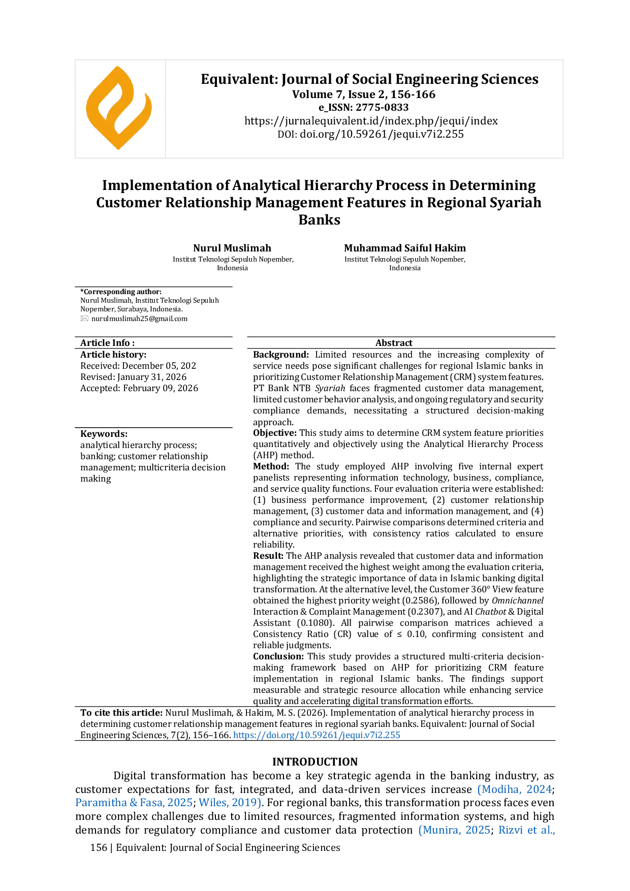 JURIS Implementation of Analytical Hierarchy Process in Determining Customer Relationship Management Features in Regional Syariah Banks