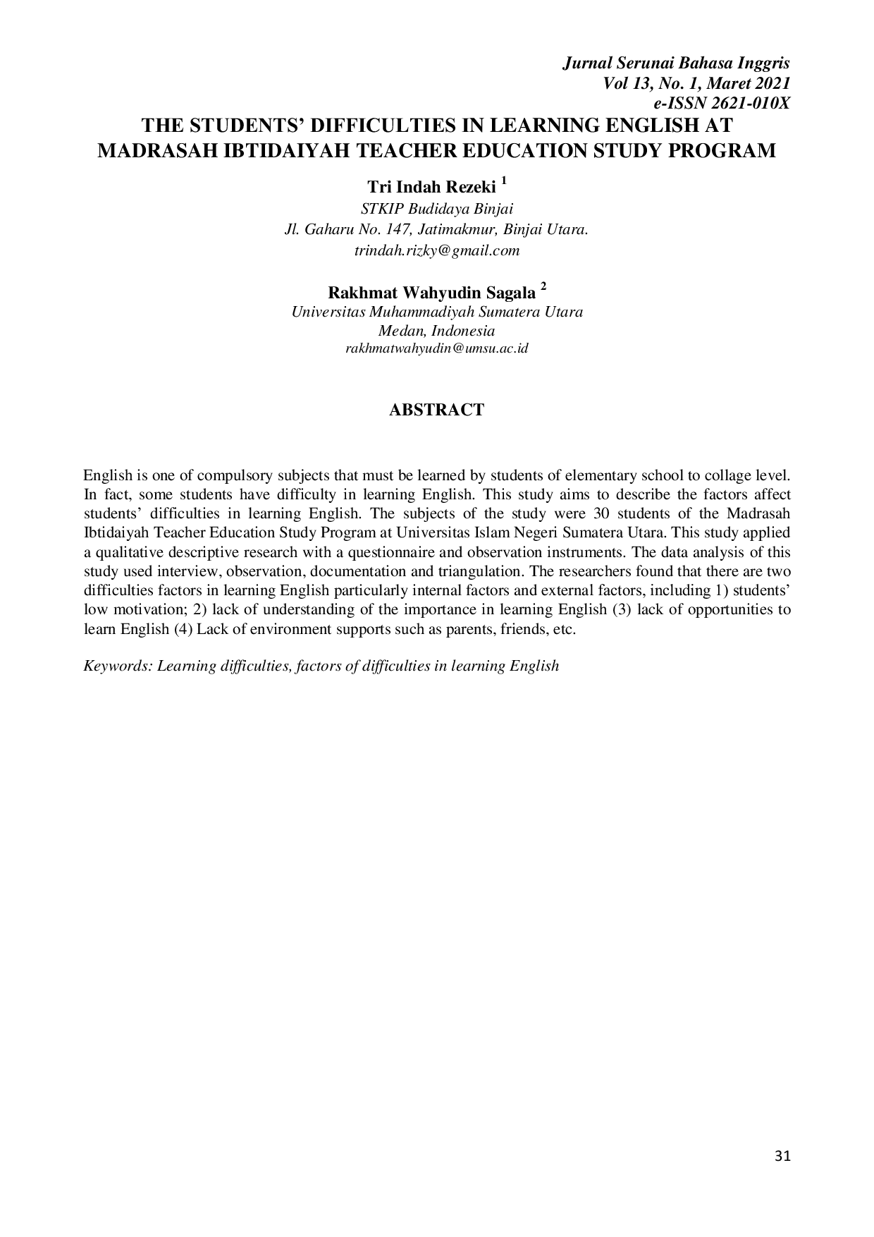 JURIS The Students Difficulties in Learning English at Madrasah Ibtidaiyah Teacher Education Study Program