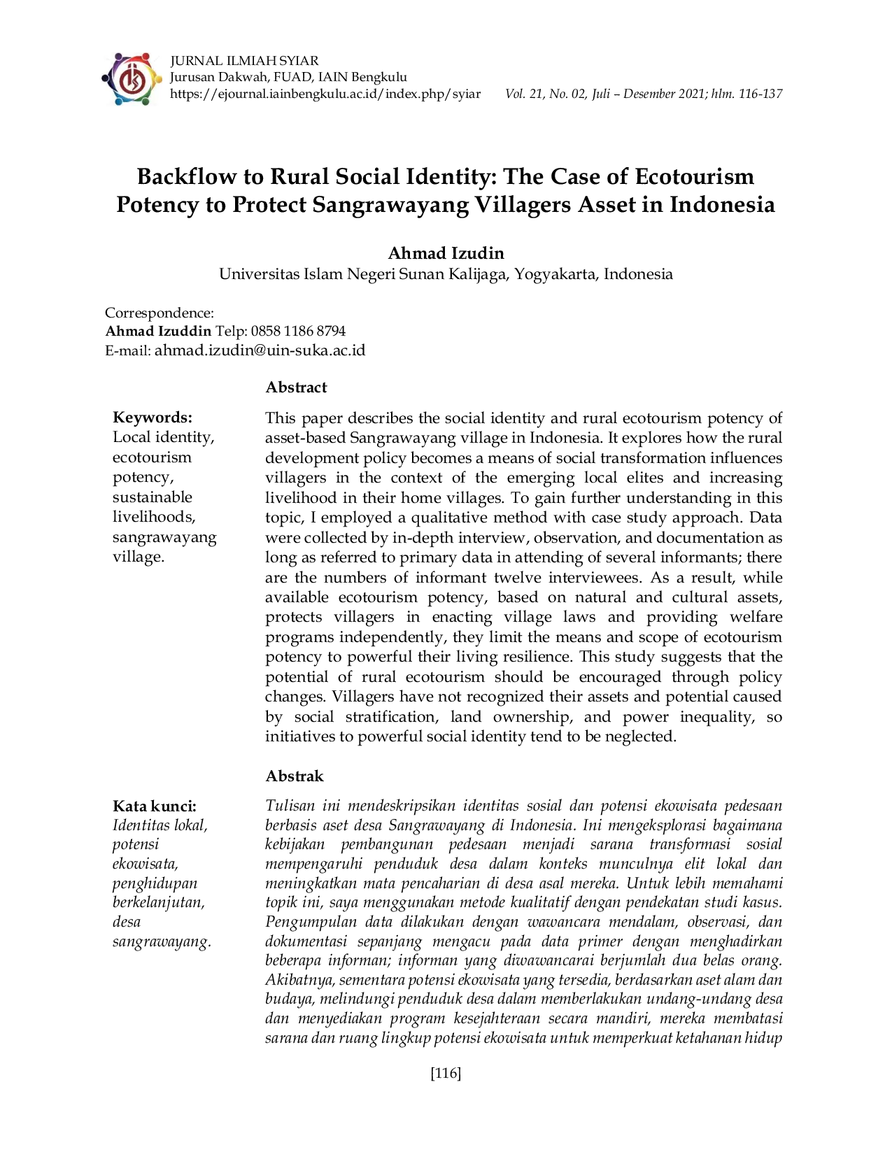 JURIS Backflow to Rural Social Identity The Case of Ecotourism Potency to Protect Sangrawayang Villagers Asset in Indonesia