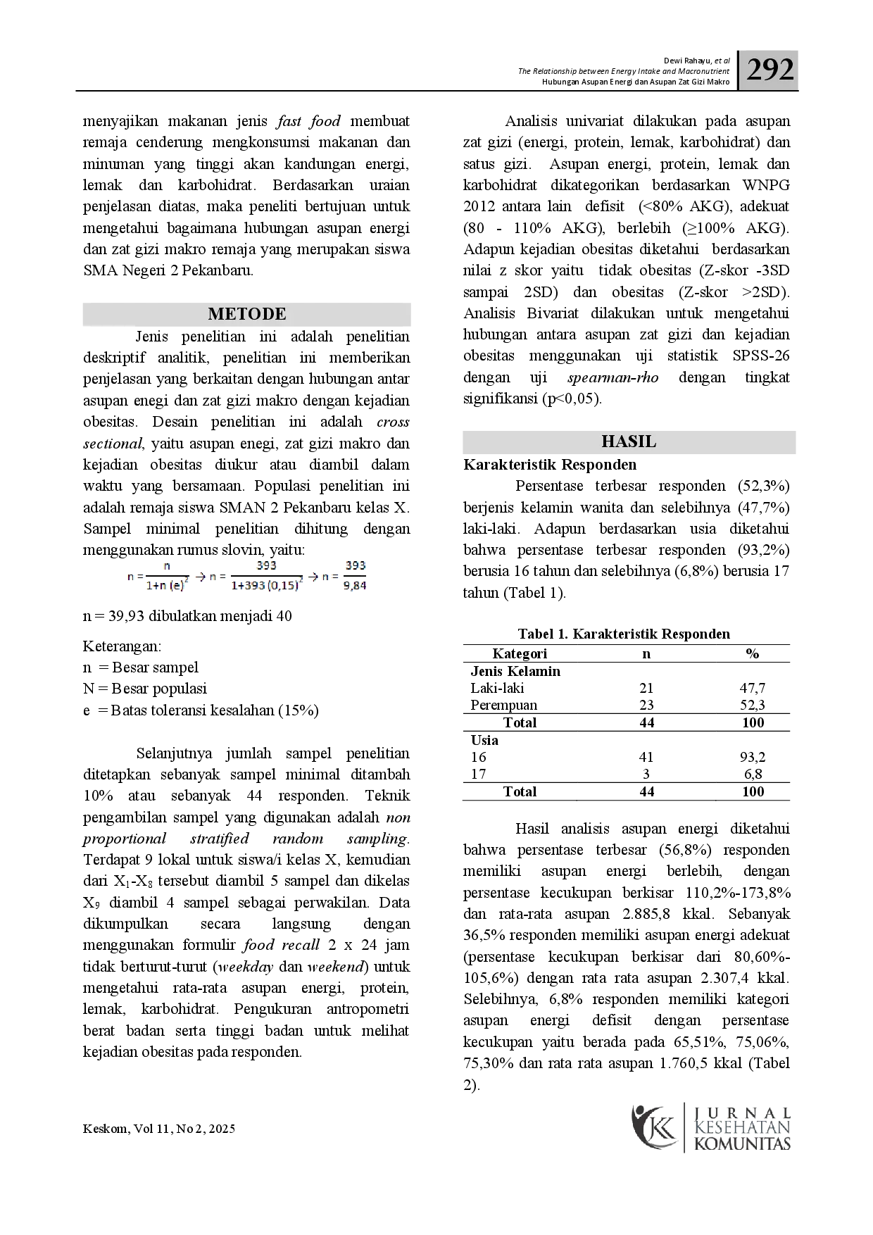 juris Hubungan Asupan Energi Dan Asupan Zat Gizi Makro Terhadap Kejadian Obesitas Pada Remaja