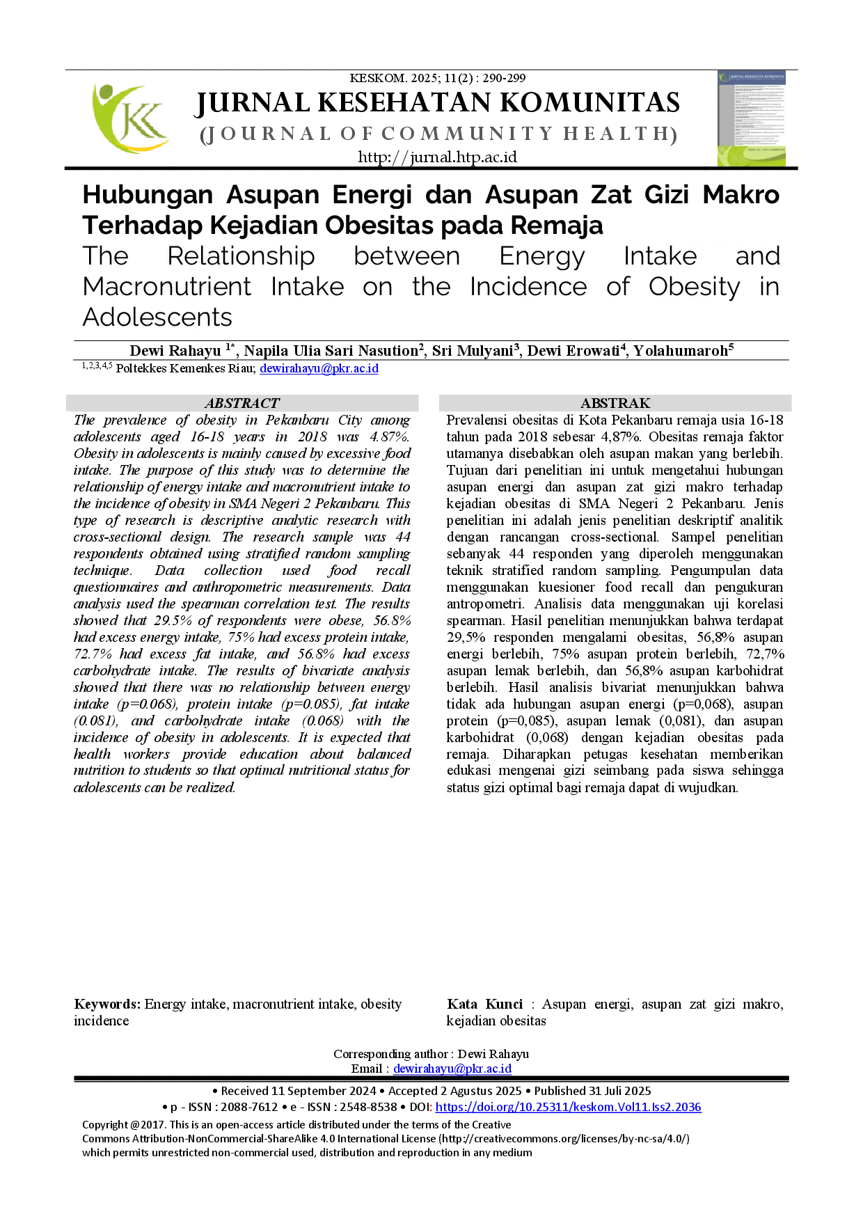juris Hubungan Asupan Energi Dan Asupan Zat Gizi Makro Terhadap Kejadian Obesitas Pada Remaja