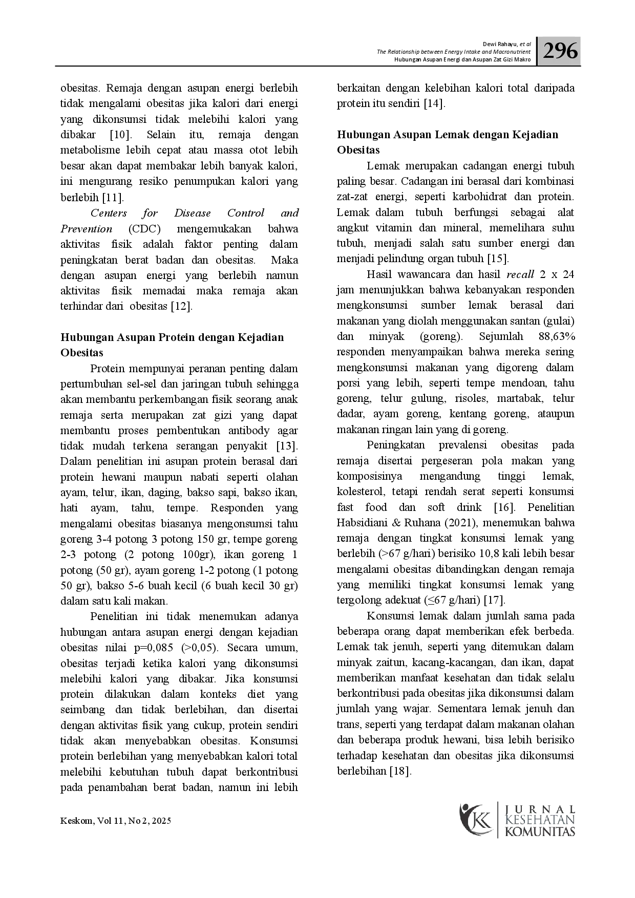 juris Hubungan Asupan Energi Dan Asupan Zat Gizi Makro Terhadap Kejadian Obesitas Pada Remaja