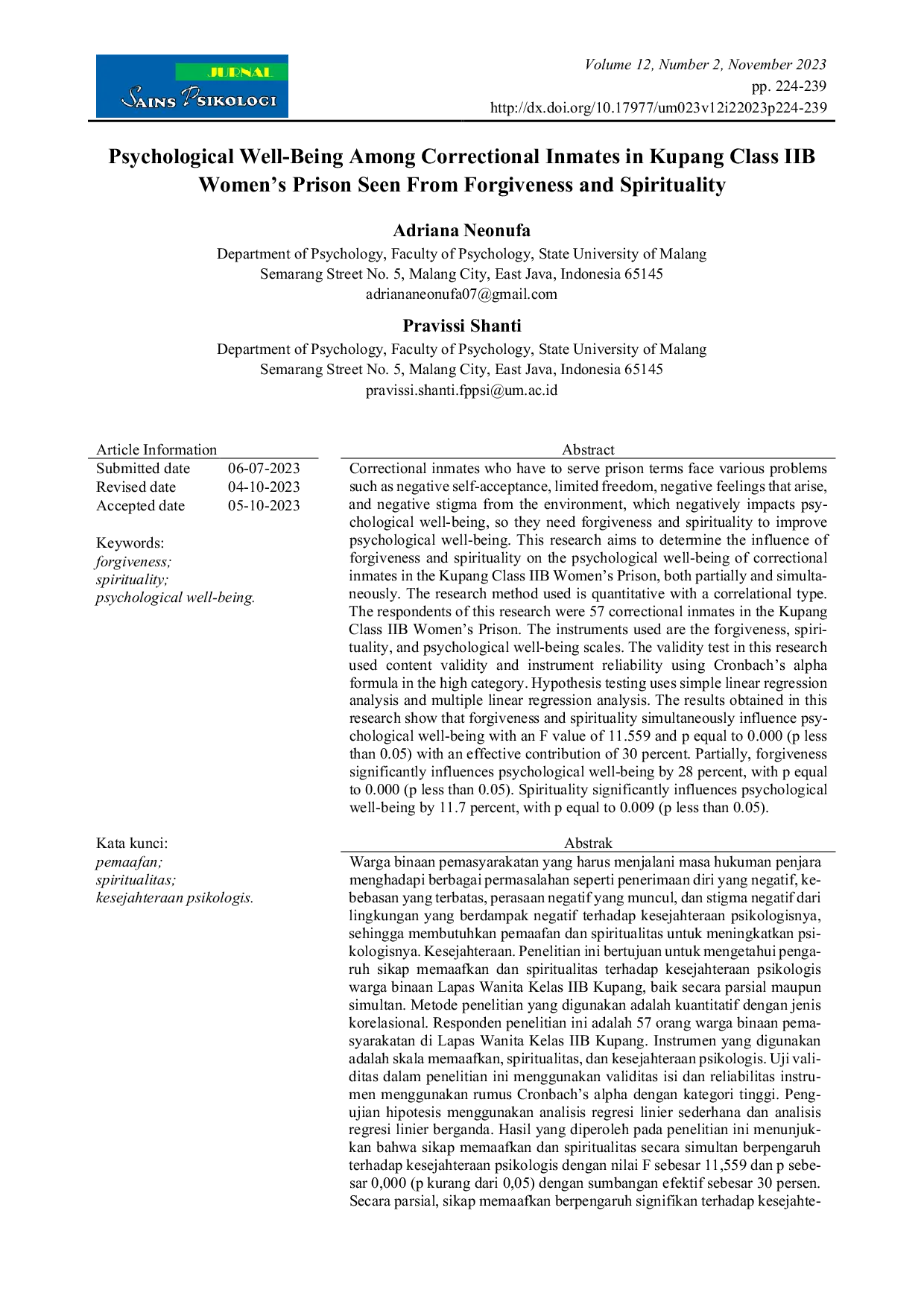 JURIS Psychological Well Being Among Correctional Inmates in Kupang Class IIB Women s Prison Seen From Forgiveness and Spirituality