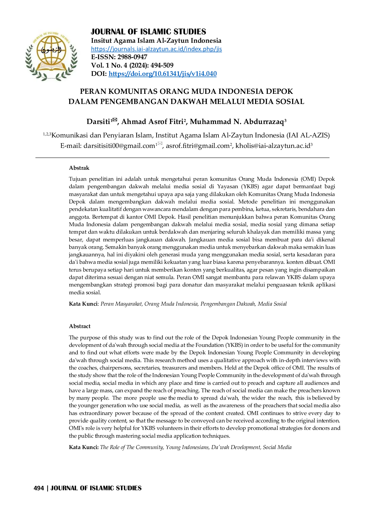JURIS Peran Komunitas Orang Muda Indonesia Depok Dalam Pengembangan Dakwah Melalui Media Sosial
