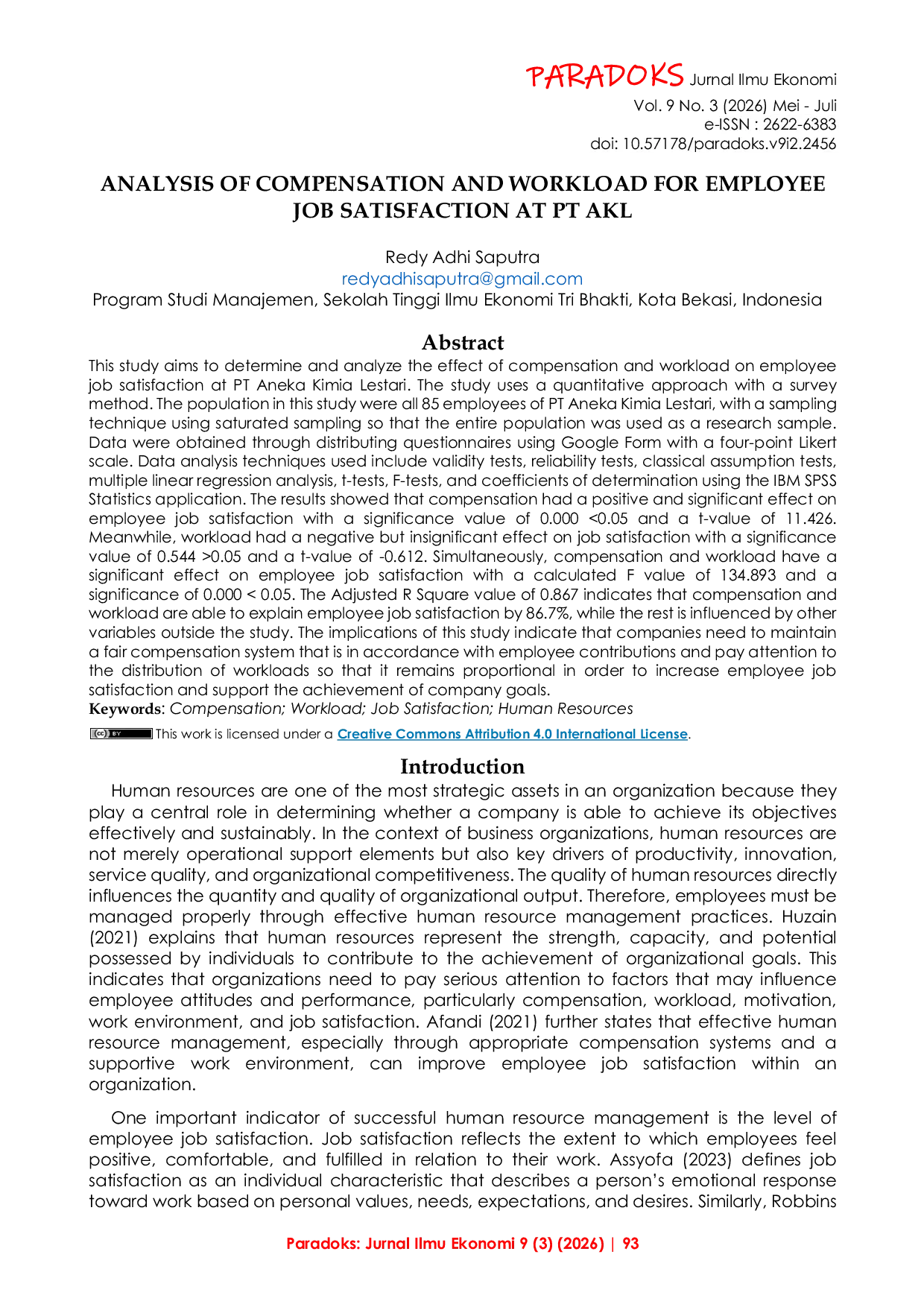 JURIS Analysis of Compensation and Workload for Employee Job Satisfaction at PT AKL