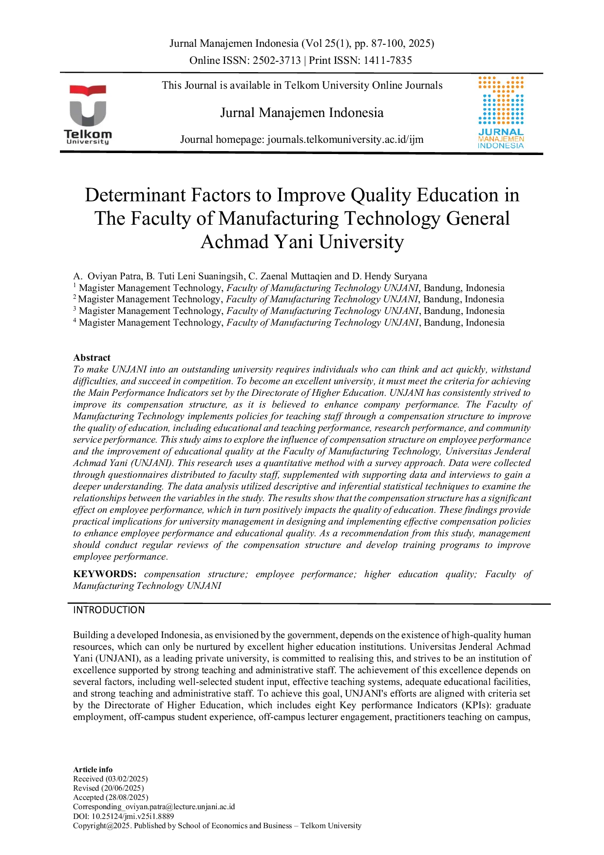 JURIS Determinant Factors to Improve Quality Education in The Faculty of Manufacturing Technology General Achmad Yani University