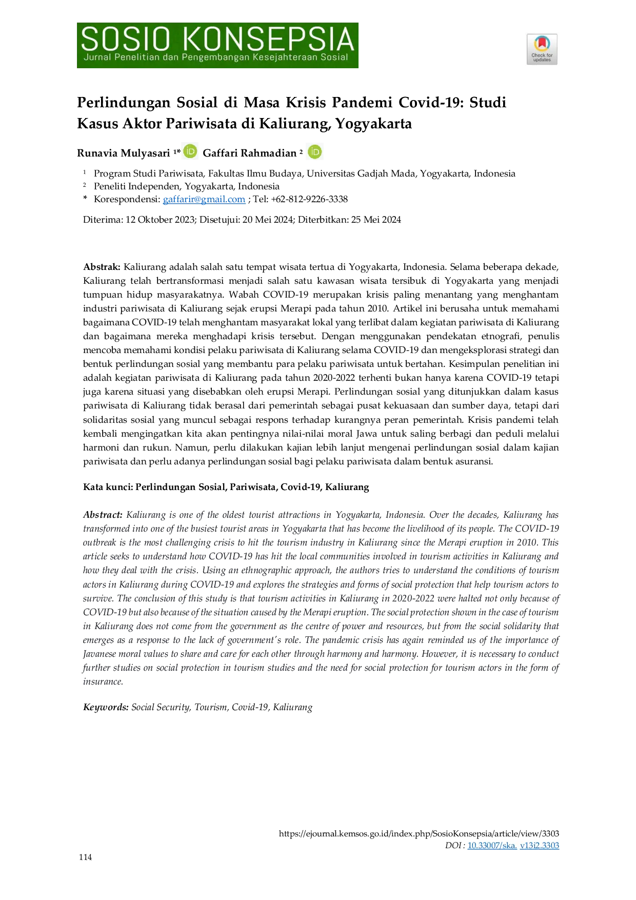 JURIS Perlindungan Sosial di Masa Krisis Pandemi Covid 19 Studi Kasus Aktor Pariwisata di Kaliurang Yogyakarta