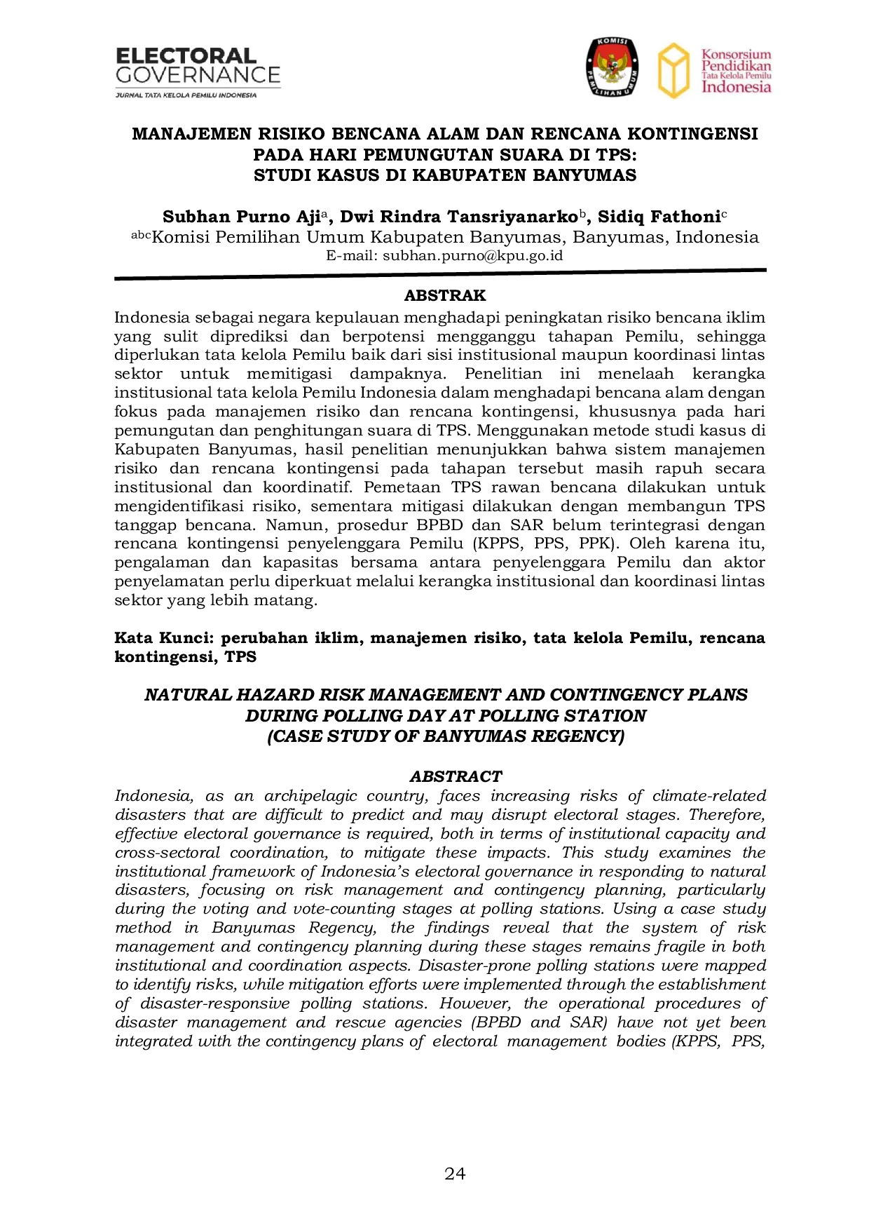 JURIS Manajemen Risiko Bencana Alam dan Rencana Kontingensi pada Hari Pemungutan Suara di TPS Studi Kasus di Kabupaten Banyumas