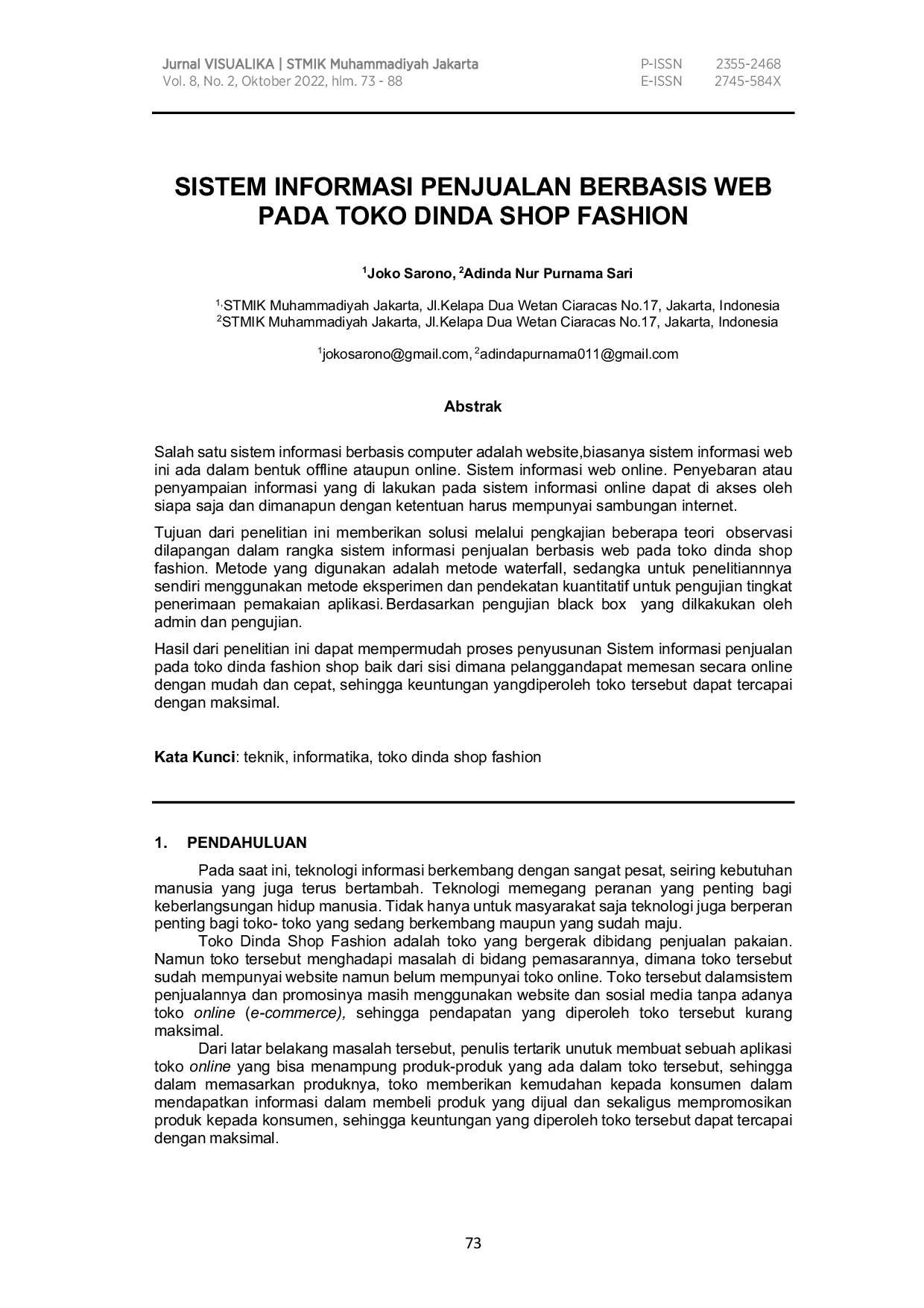 juris Sistem Informasi Penjualan Berbasis Web Pada Toko Dinda Shop Fashion