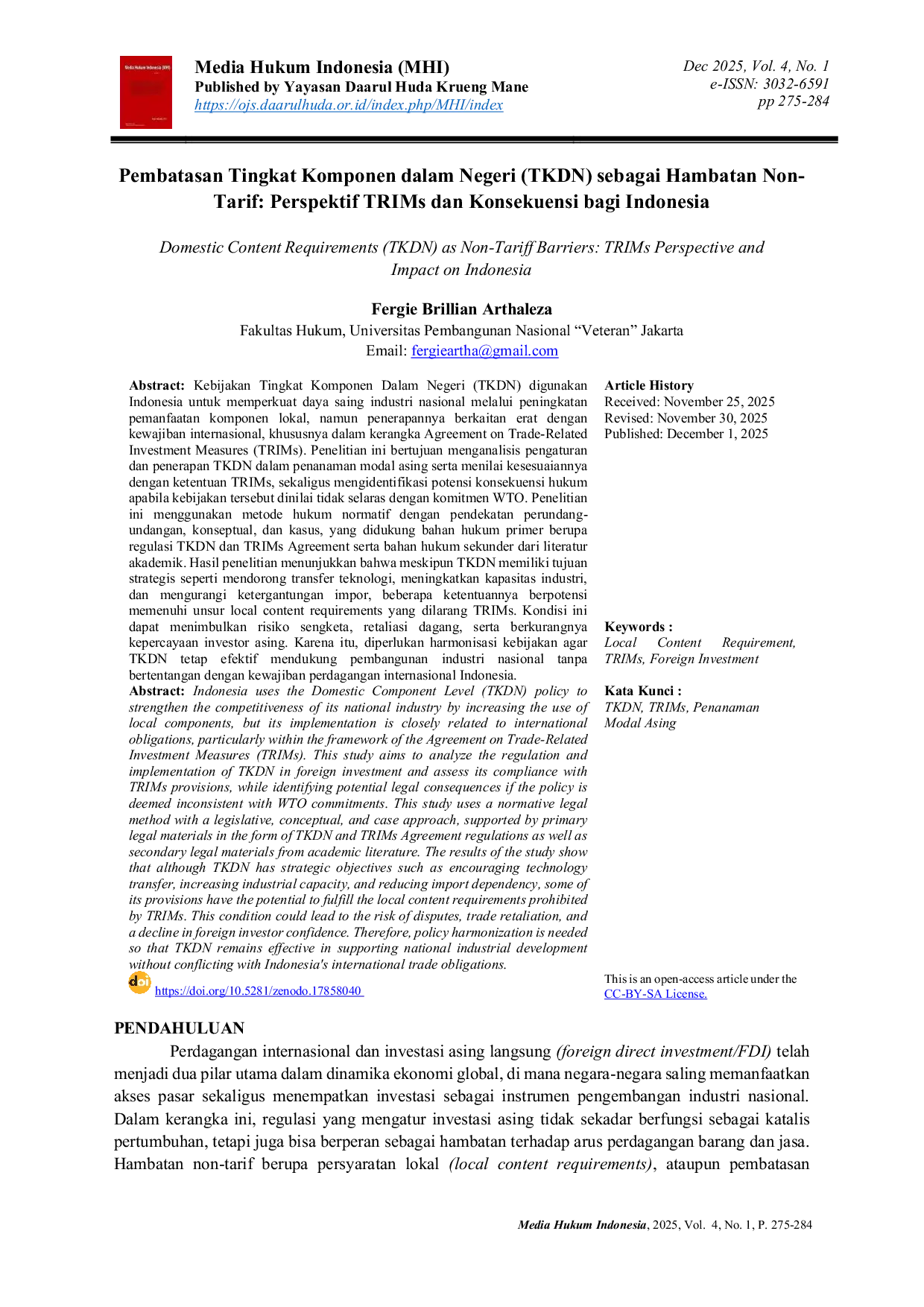 JURIS Pembatasan Tingkat Komponen Dalam Negeri TKDN sebagai Hambatan Non Tarif Perspektif TRIMs dan Konsekuensi bagi Indonesia