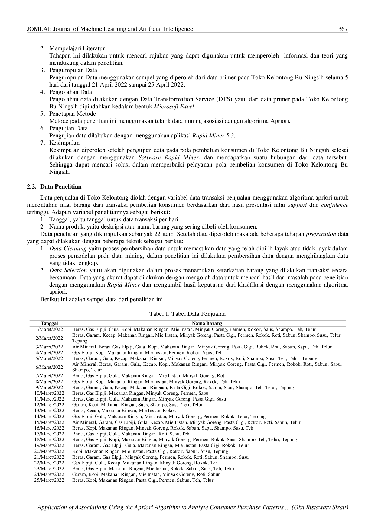 JURIS Penerapan Asosiasi Menggunakan Algoritma Apriori Untuk Menganalis Pola Pembelian Konsumen Pada Toko Kelontong