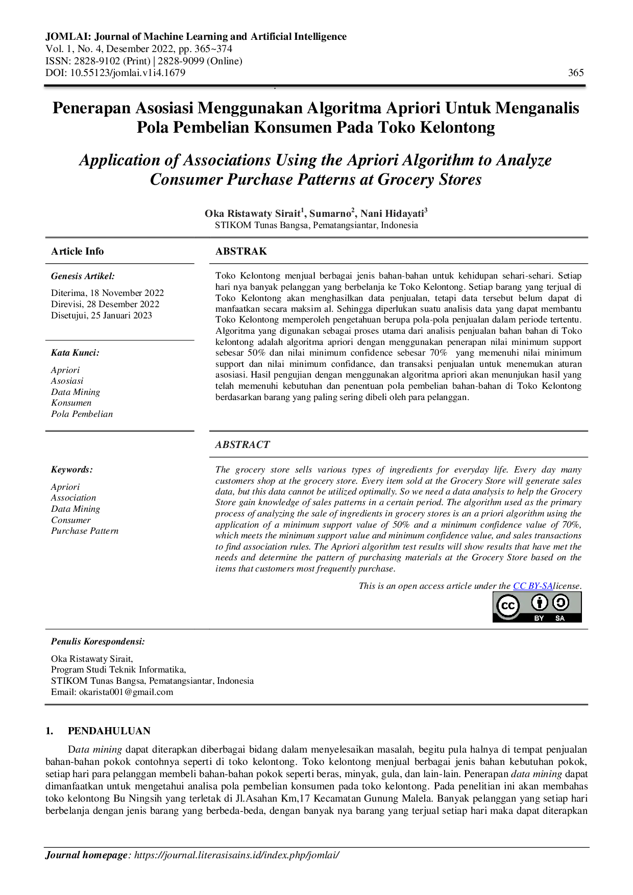 JURIS Penerapan Asosiasi Menggunakan Algoritma Apriori Untuk Menganalis Pola Pembelian Konsumen Pada Toko Kelontong