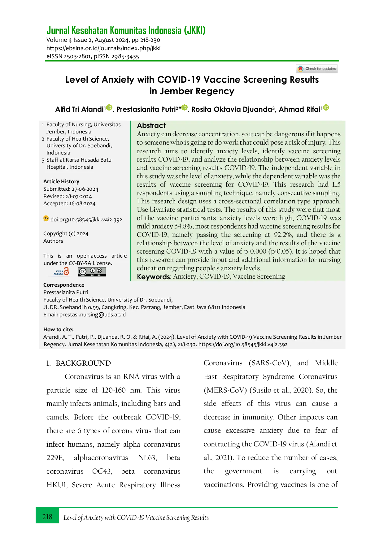 JURIS Level of Anxiety with COVID 19 Vaccine Screening Results in Jember Regency