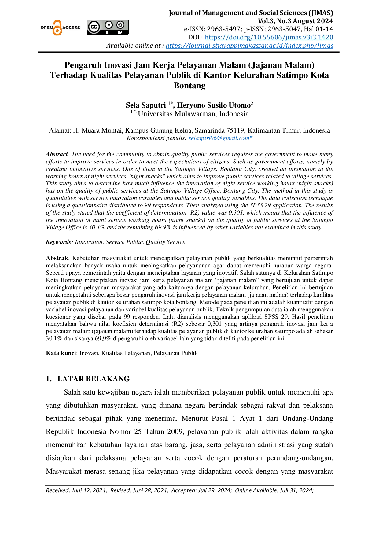 JURIS Pengaruh Inovasi Jam Kerja Pelayanan Malam Jajanan Malam Terhadap Kualitas Pelayanan Publik Di Kantor Kelurahan Satimpo Kota Bontang