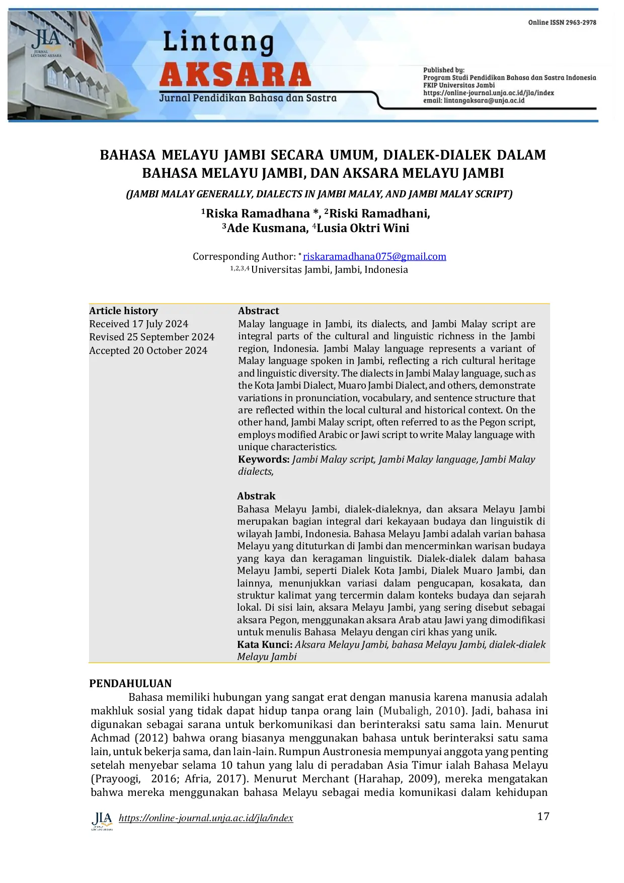 JURIS Bahasa Melayu Jambi Secara Umum Dialek Dialek Dalam Bahasa Melayu Jambi Dan Aksara Melayu Jambi