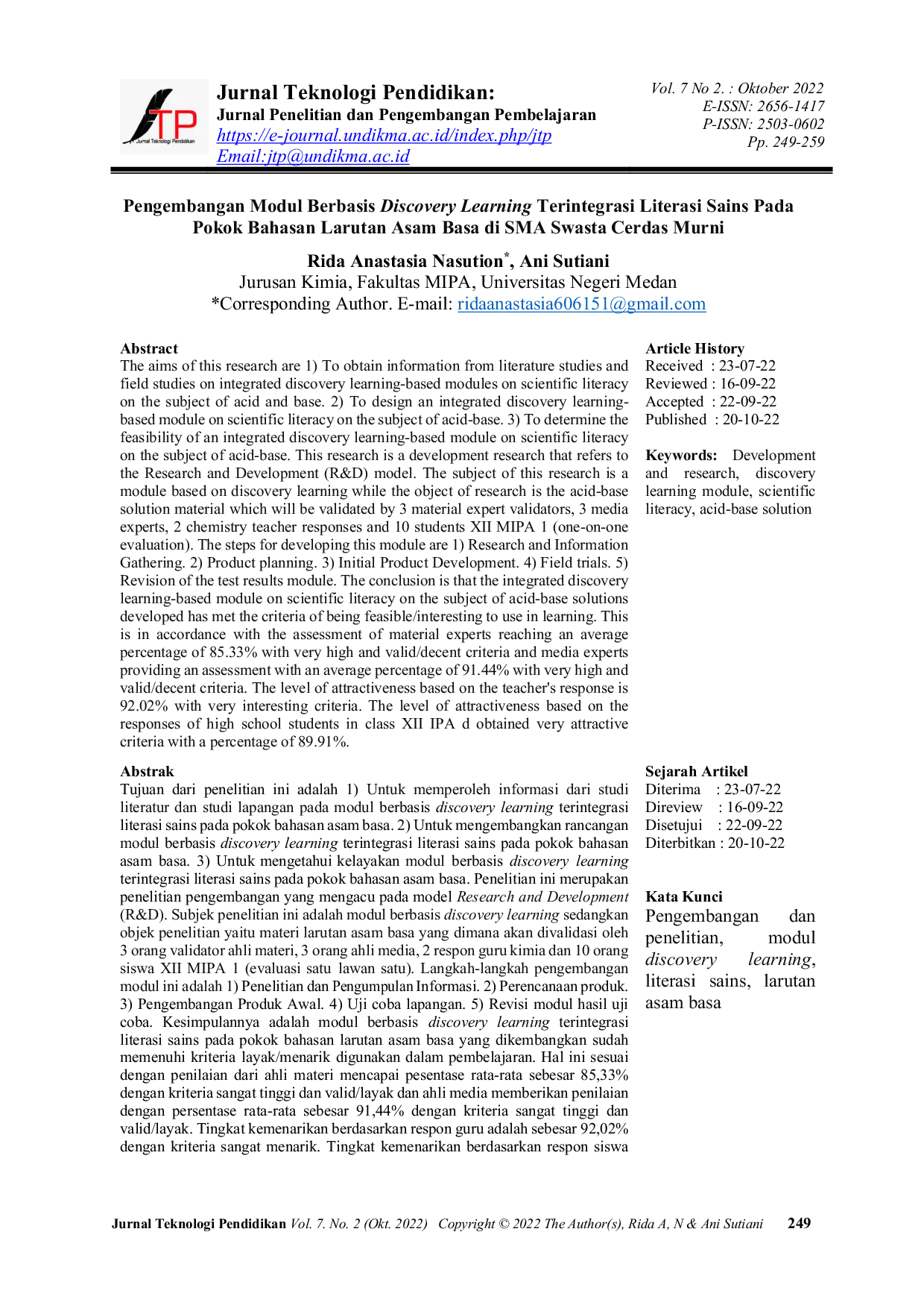 JURIS Pengembangan Modul Berbasis Discovery Learning Terintegrasi Literasi Sains Pada Pokok Bahasan Larutan Asam Basa di SMA Swasta Cerdas Murni