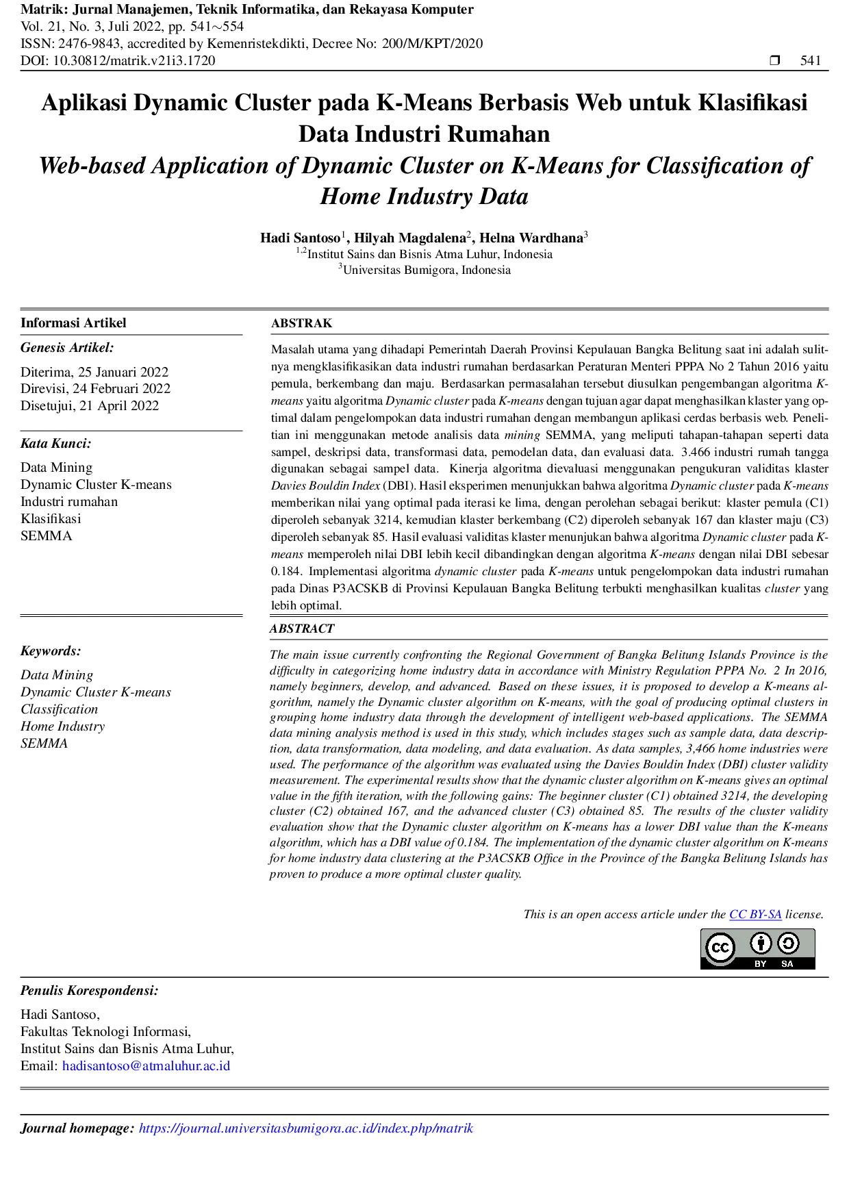 JURIS Aplikasi Dynamic Cluster pada K Means BerbasisWeb untuk Klasifikasi Data Industri Rumahan