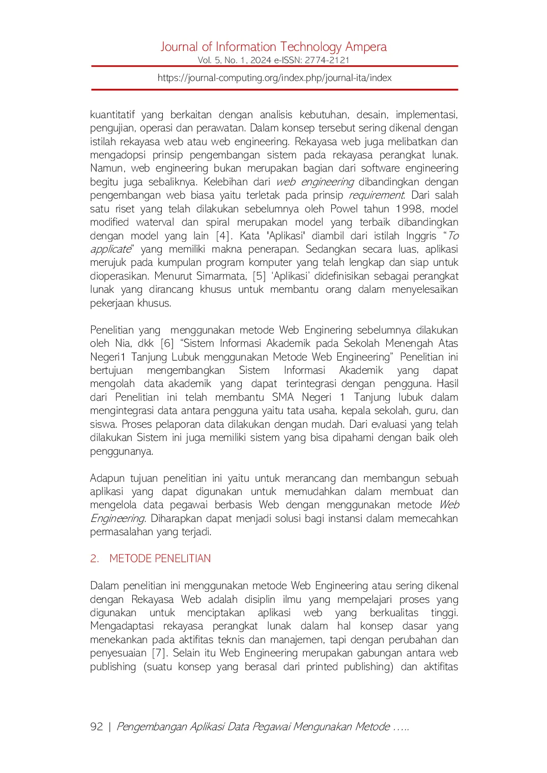 JURIS Pengembangan Aplikasi Data Pegawai Mengunakan Metode Web Engineering Studi Kasus Dinas Kearsipan Provinsi Sumatera Selatan