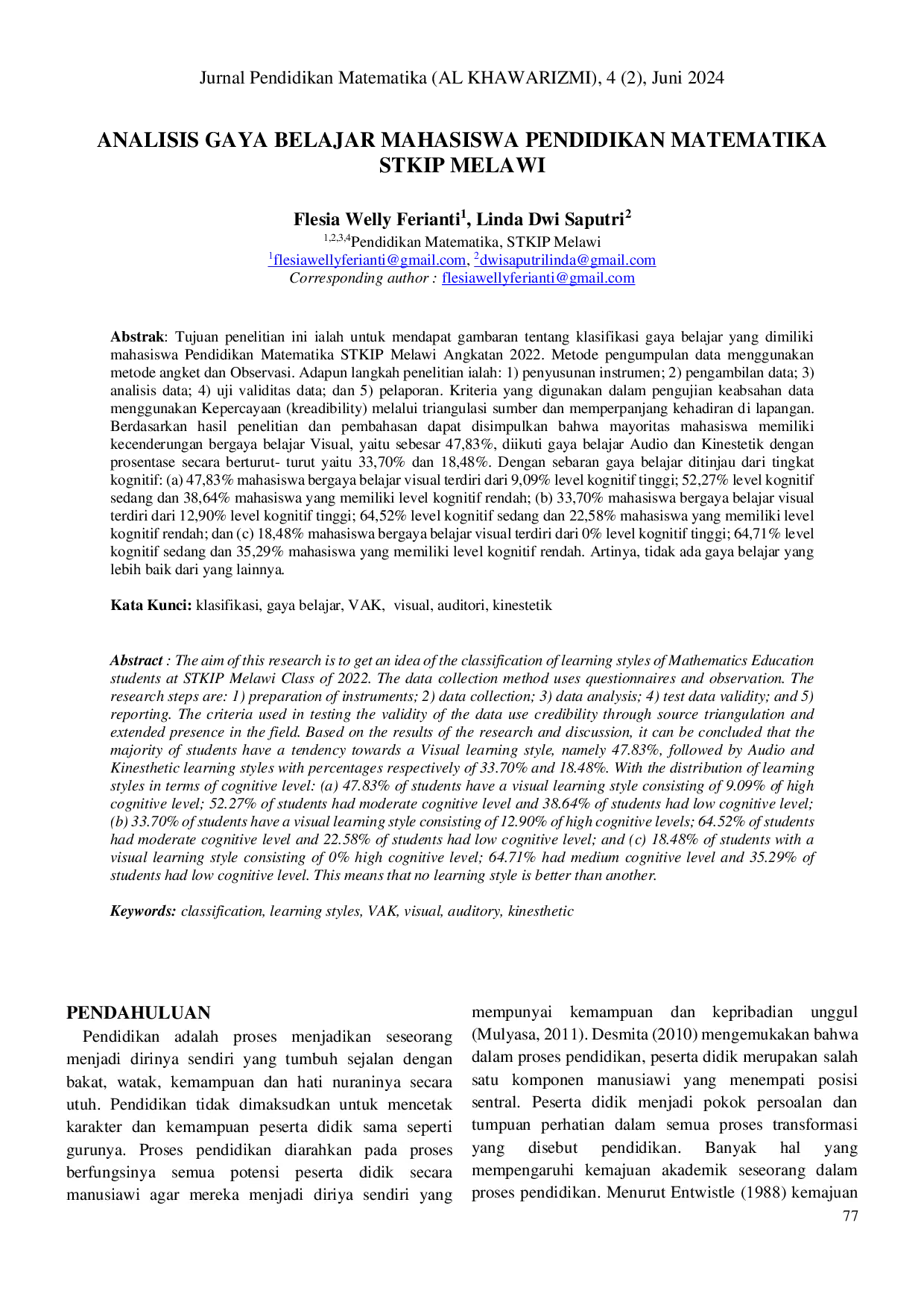 JURIS Analisis Gaya Belajar Mahasiswa Pendidikan Matematika Stkip Melawi