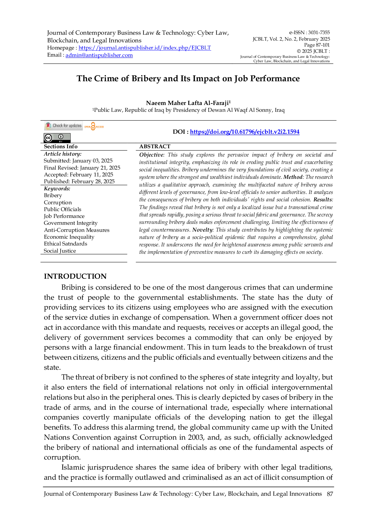 JURIS The Crime of Bribery and Its Impact on Job Performance
