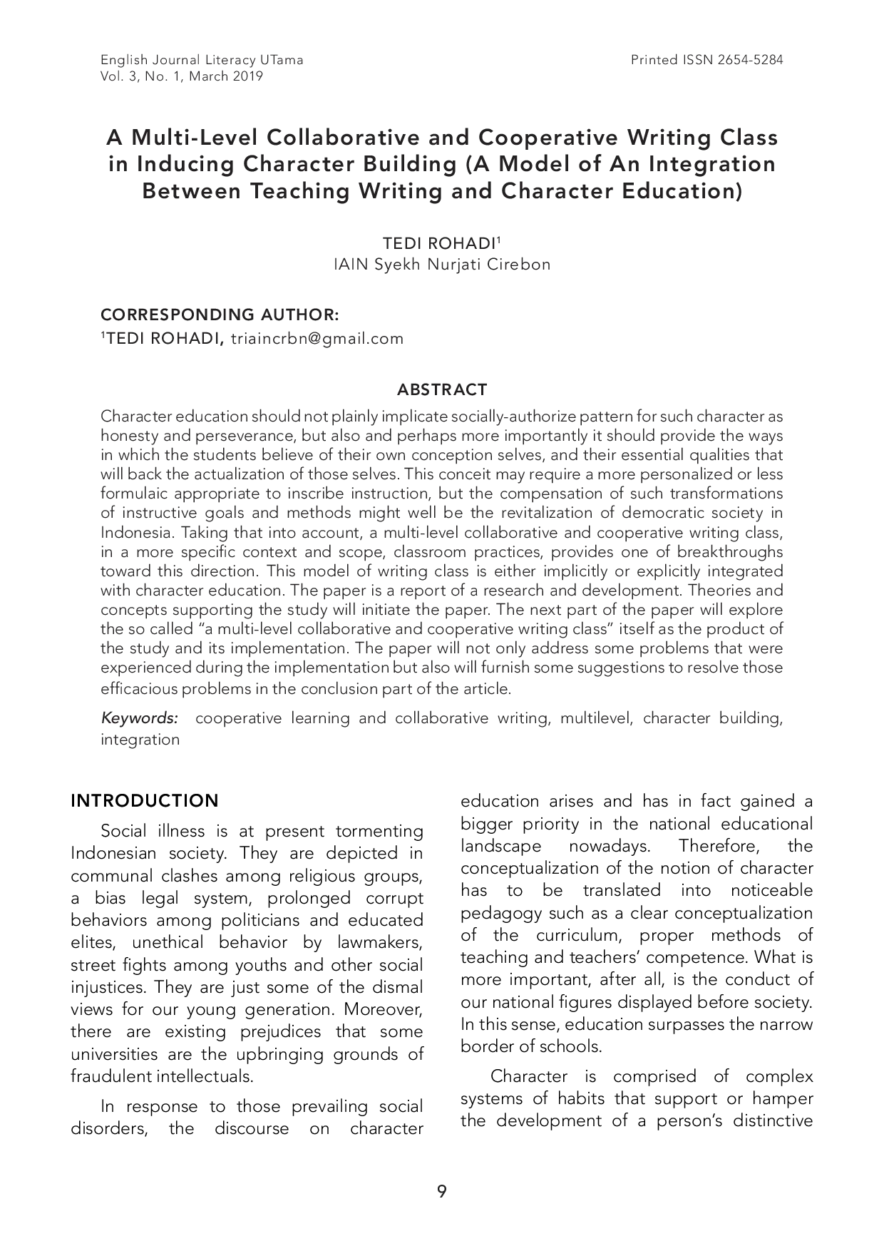 JURIS A Multi Level Collaborative and Cooperative Writing Class in Inducing Character Building A Model of An Integration Between Teaching Writing and Character Education