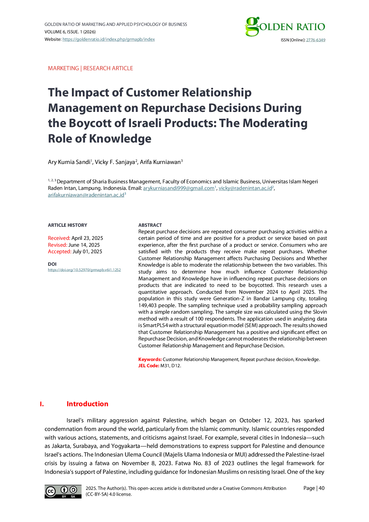 JURIS The Impact of Customer Relationship Management on Repurchase Decisions During the Boycott of Israeli Products The Moderating Role of Knowledge