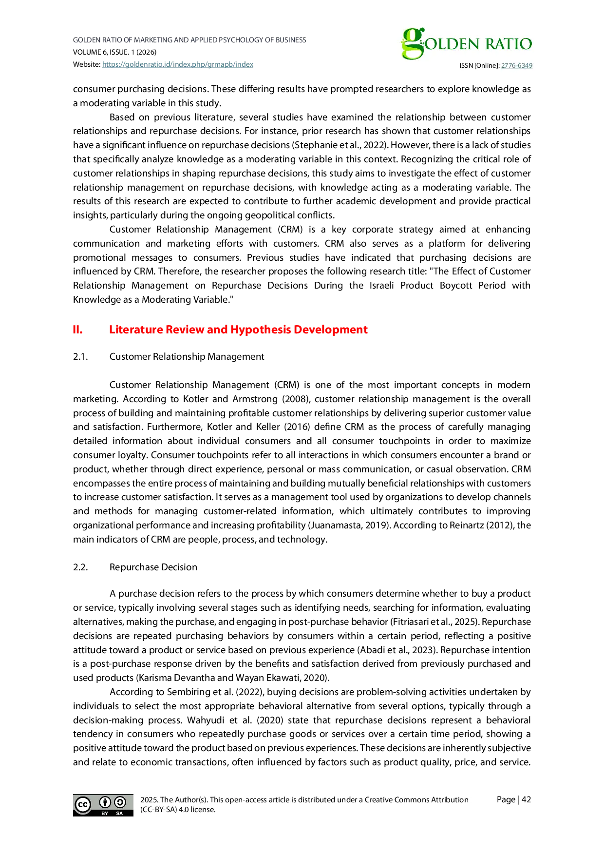 JURIS The Impact of Customer Relationship Management on Repurchase Decisions During the Boycott of Israeli Products The Moderating Role of Knowledge
