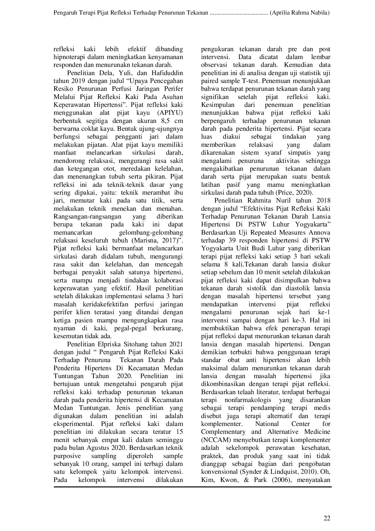 JURIS Pengaruh Terapi Pijat Refleksi Terhadap Penurunan Tekanan Darah Pada Penderita Hipertensi
