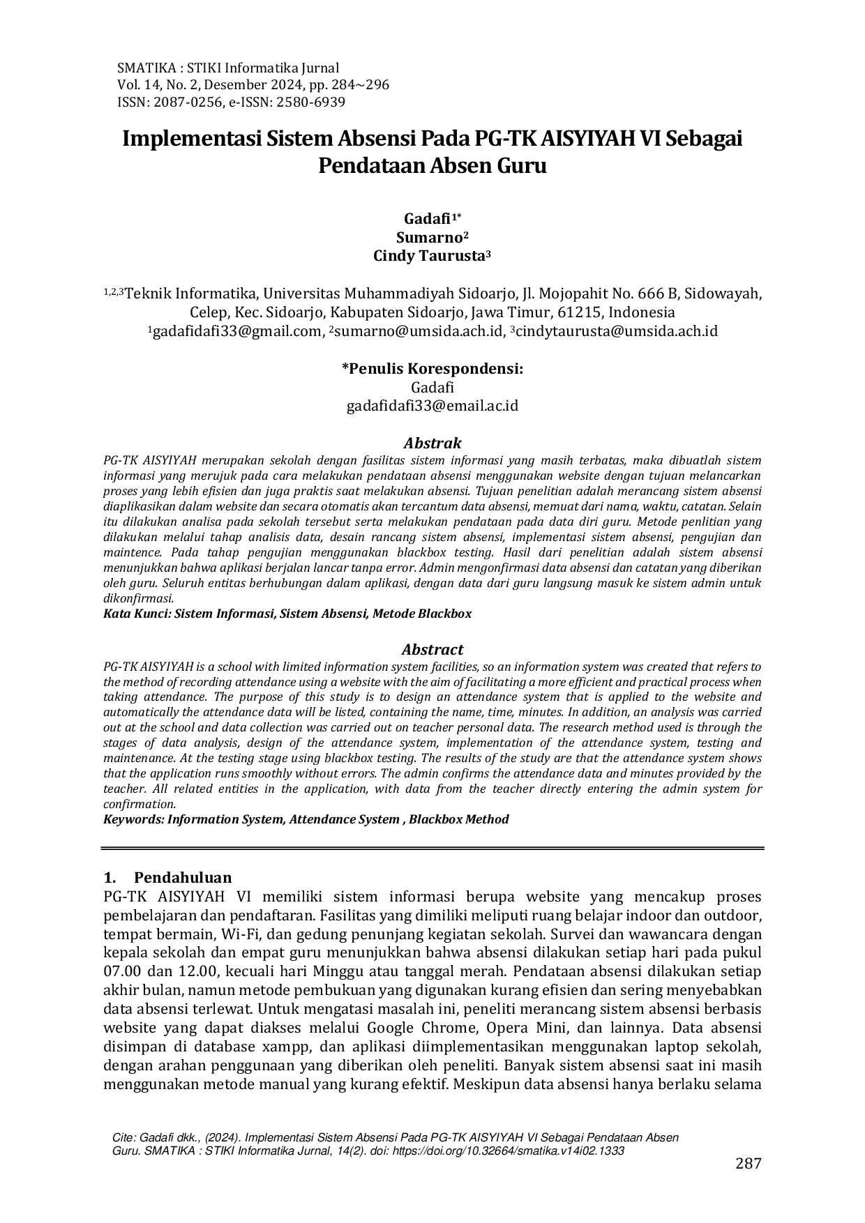 JURIS Implementasi Sistem Absensi Pada PG TK AISYIYAH VI Sebagai Pendataan Absen Guru