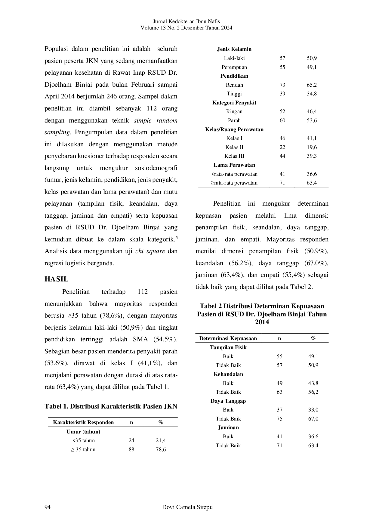 JURIS Determinan Kepuasan Pasien Rawat Inap Peserta Jaminan Kesehatan Nasional Di Rsud Dr Djoelham Binjai