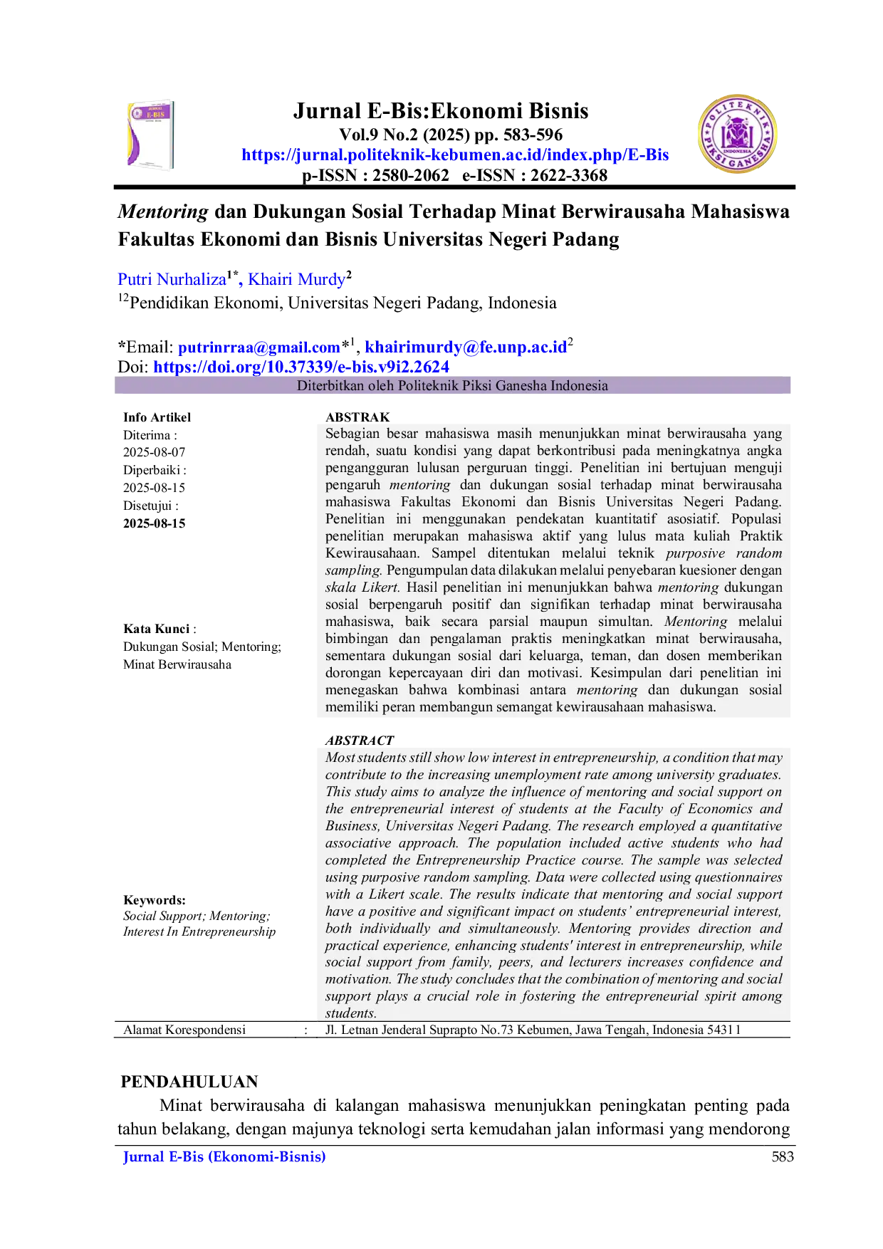 JURIS Mentoring dan Dukungan Sosial Terhadap Minat Berwirausaha Mahasiswa Fakultas Ekonomi dan Bisnis Universitas Negeri Padang